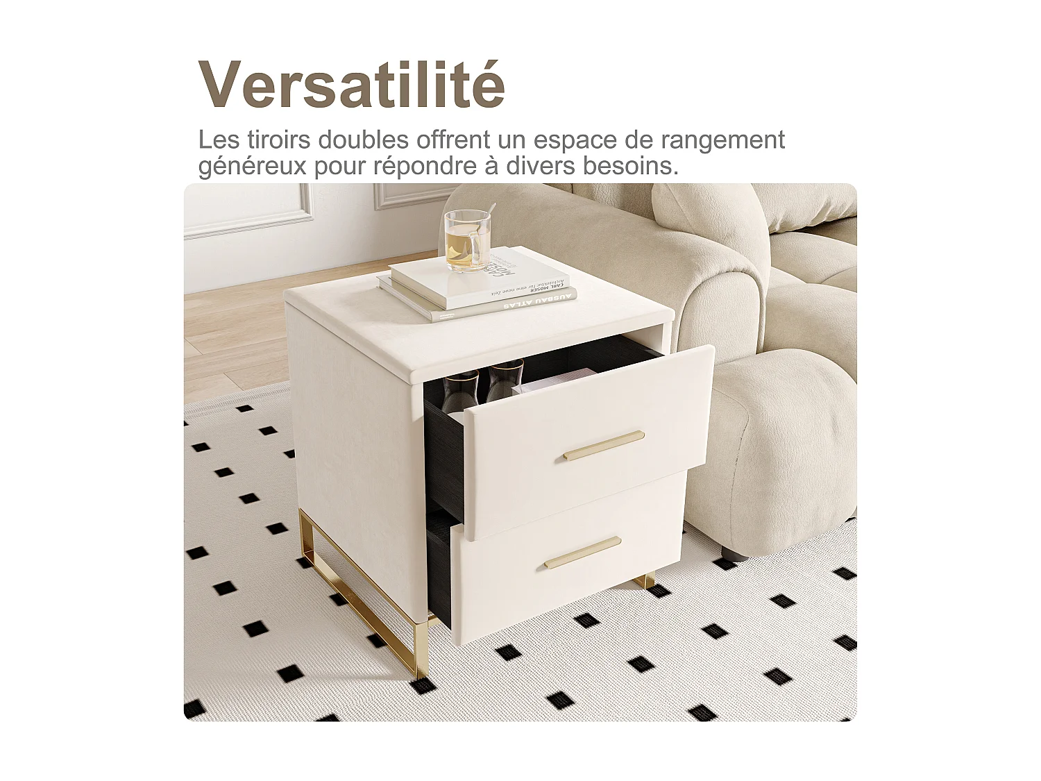 Lot de 2 Table de Chevet, Table de de chevet beige velours avec 2 tiroirs, Armoire de Chevet, Meuble de chambre, Table de Nuit