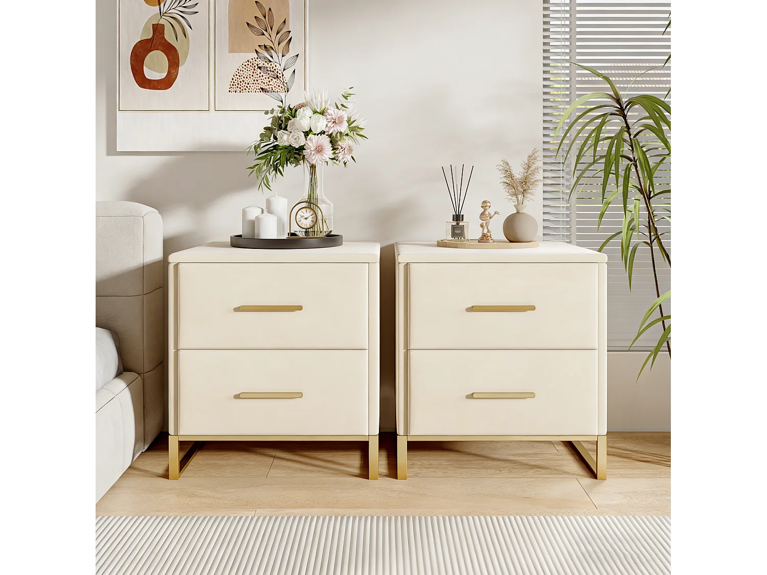 Lot de 2 Table de Chevet, Table de de chevet beige velours avec 2 tiroirs, Armoire de Chevet, Meuble de chambre, Table de Nuit