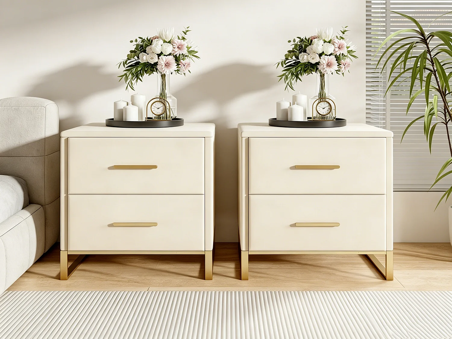 Set van 2 nachtkastjes, beige fluwelen nachtkastjes met 2 lades, nachtkastje, slaapkamermeubels, nachtkastje