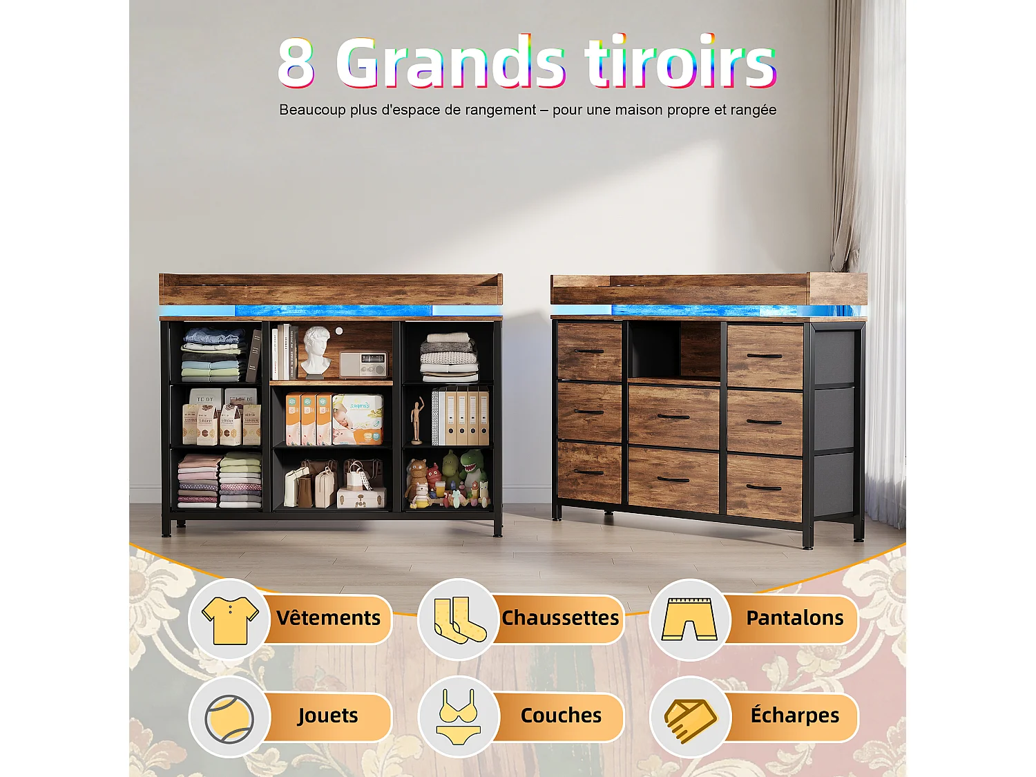 Commode 8 tiroirs - avec éclairage LED et port USB - structure en métal - 108 x 30 x 82 cm - Coloris rayé tigre