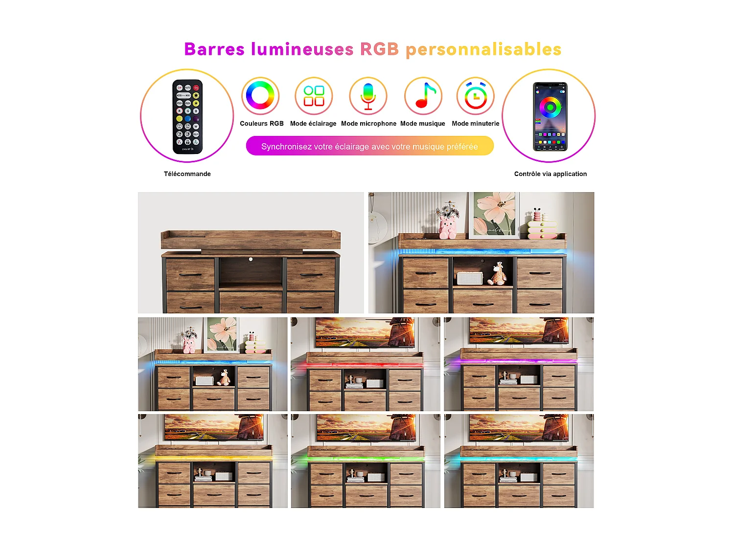 Commode 8 tiroirs - avec éclairage LED et port USB - structure en métal - 108 x 30 x 82 cm - Coloris rayé tigre