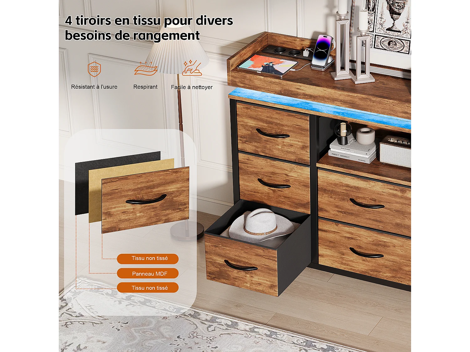 Commode 8 tiroirs - avec éclairage LED et port USB - structure en métal - 108 x 30 x 82 cm - Coloris rayé tigre