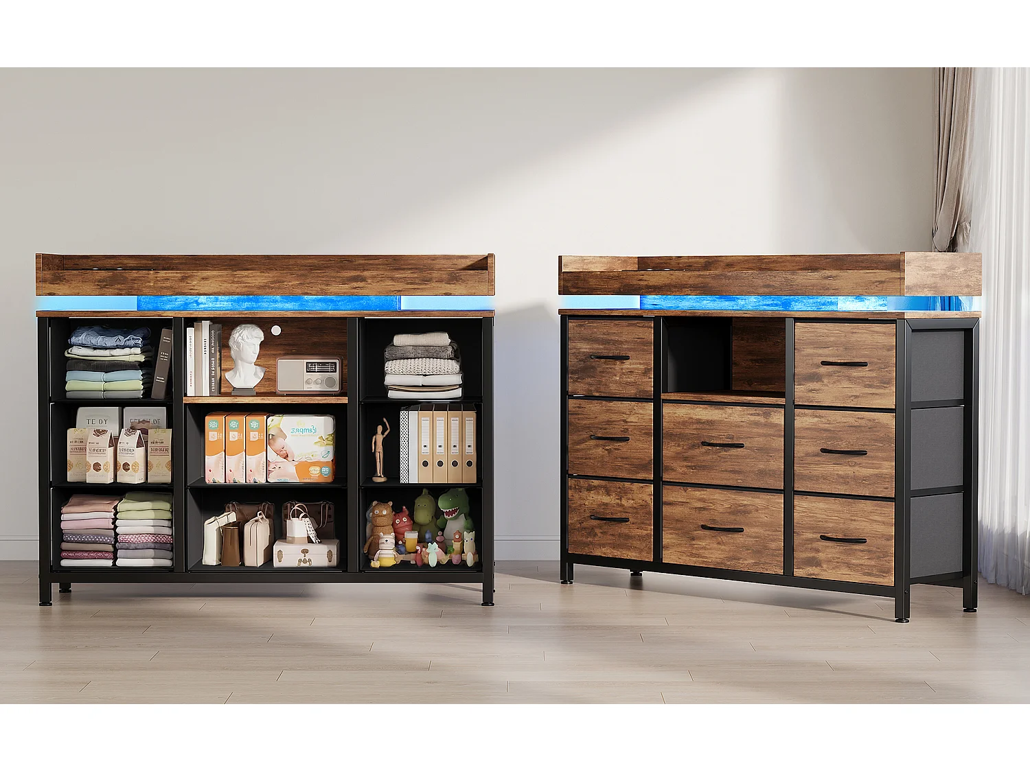 Commode 8 tiroirs - avec éclairage LED et port USB - structure en métal - 108 x 30 x 82 cm - Coloris rayé tigre