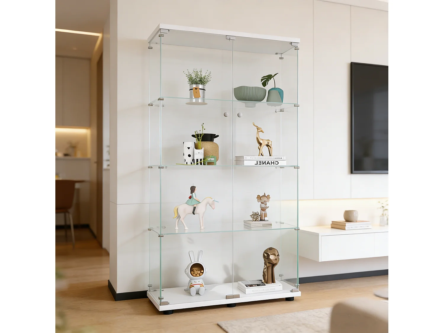 Vitrine en Verre, Armoire à étagères Armoire de Rangement au Sol, 4 étages 2 Porte, Transparent Vitrine Moderne de Collection pour Bar Salon Chambre Bureau