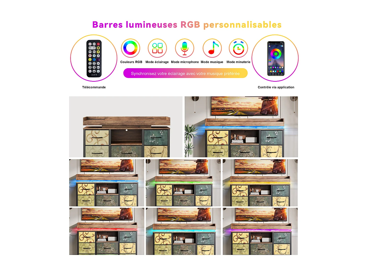 Commode 8 tiroirs - avec éclairage LED et port USB - structure en métal - 108 x 30 x 82 cm - Multicolore