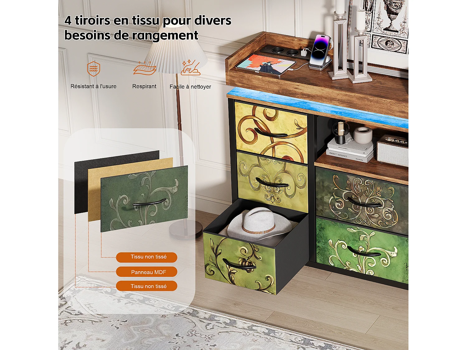 Commode 8 tiroirs - avec éclairage LED et port USB - structure en métal - 108 x 30 x 82 cm - Multicolore