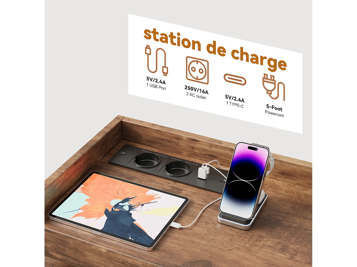 Commode 8 tiroirs - avec éclairage LED et port USB - structure en métal - 108 x 30 x 82 cm - Multicolore