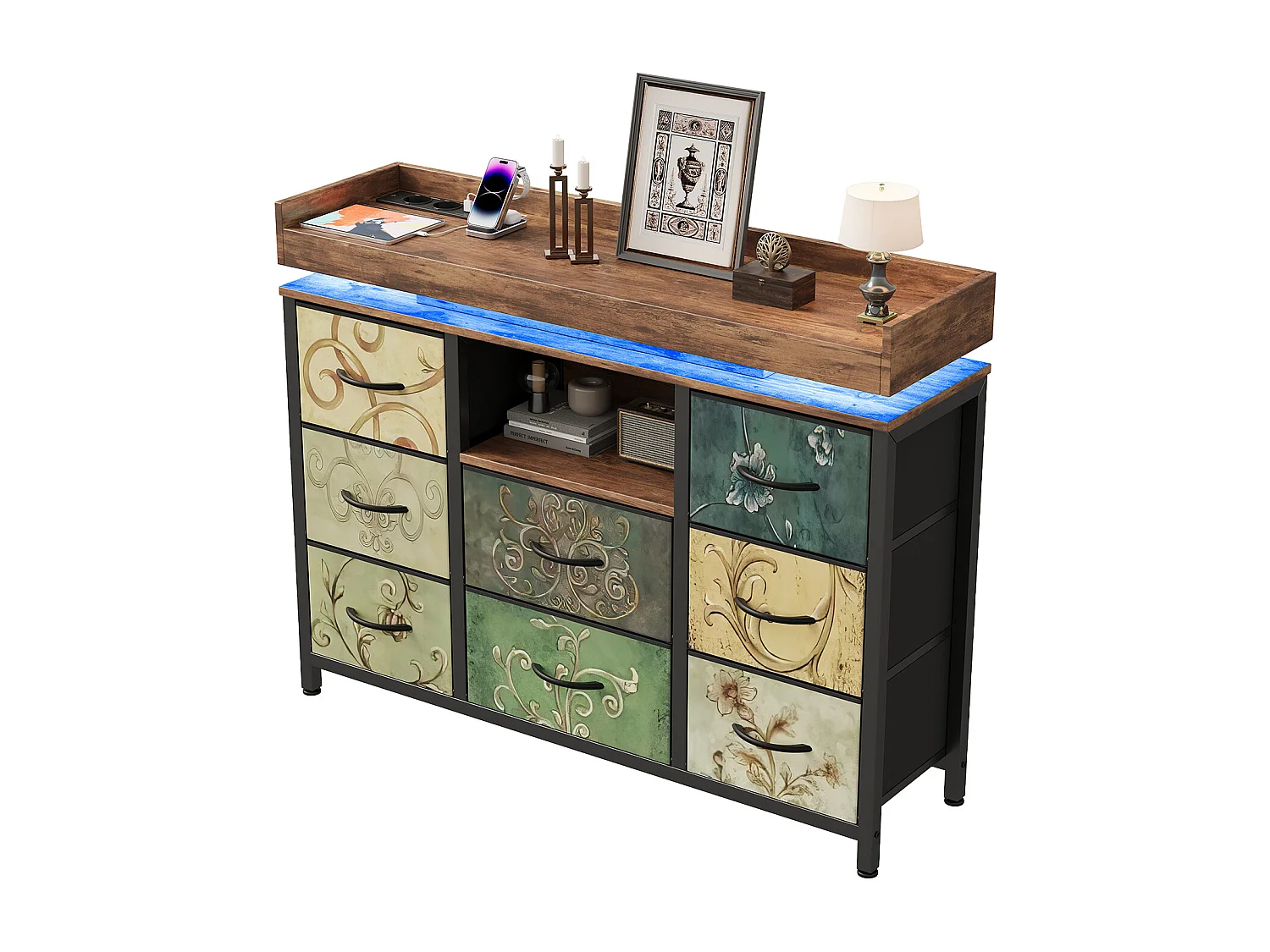 Commode 8 tiroirs - avec éclairage LED et port USB - structure en métal - 108 x 30 x 82 cm - Multicolore