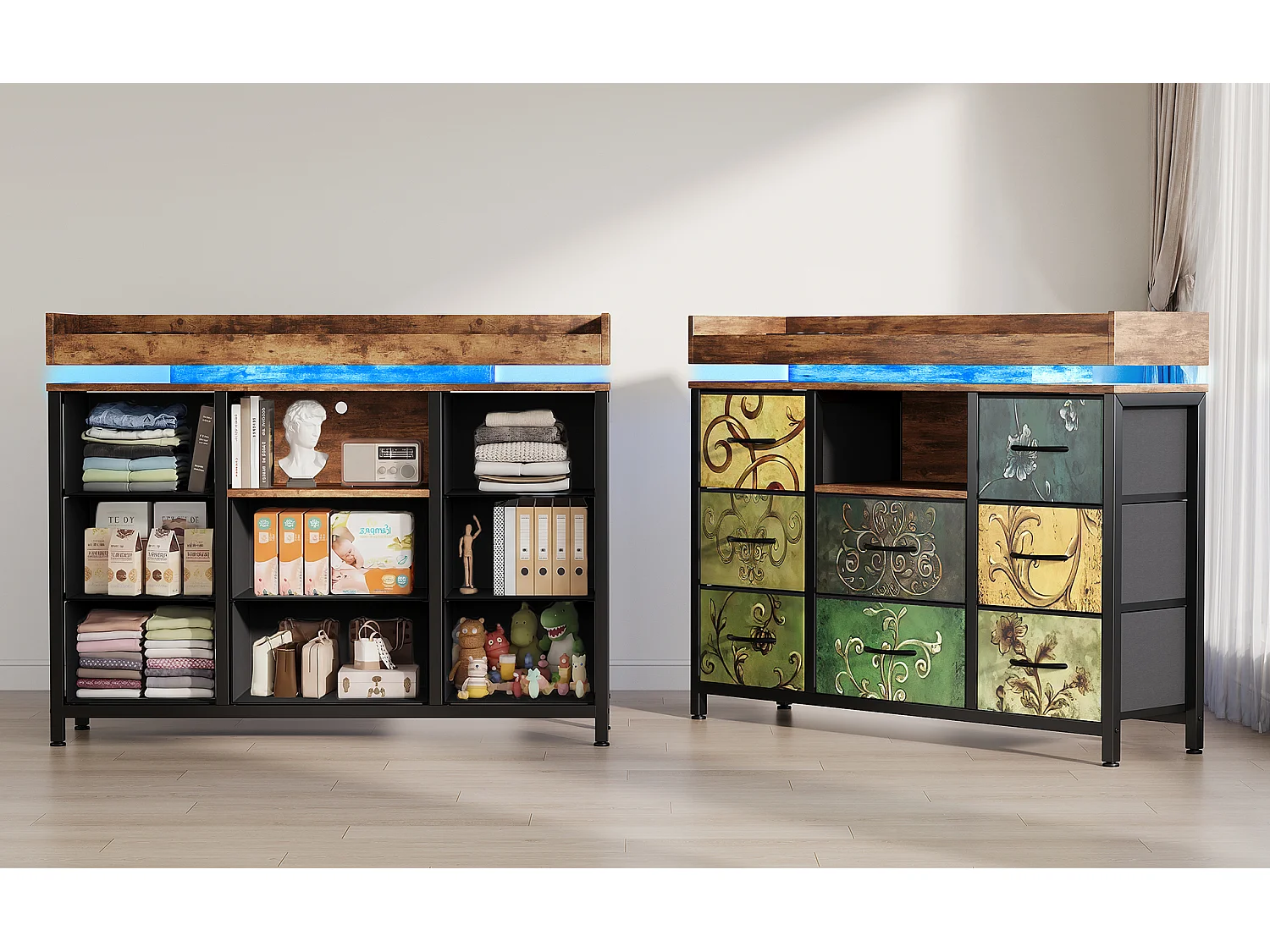 Commode 8 tiroirs - avec éclairage LED et port USB - structure en métal - 108 x 30 x 82 cm - Multicolore