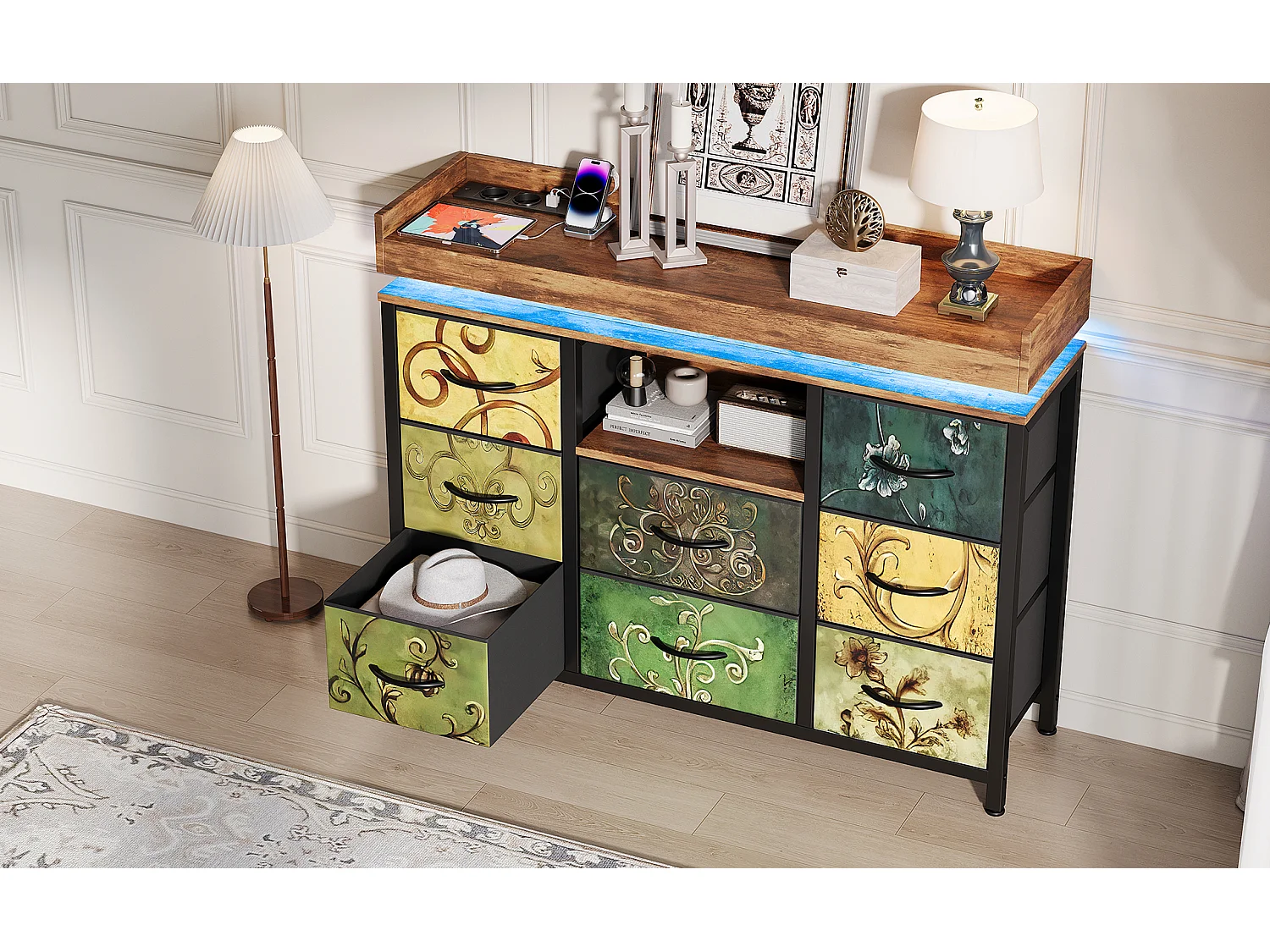 Commode 8 tiroirs - avec éclairage LED et port USB - structure en métal - 108 x 30 x 82 cm - Multicolore