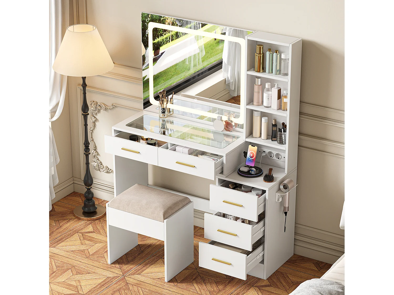 Kaptafel met spiegel en krukje – 5 lades en 3 planken – USB-poort en ledverlichting – Wit