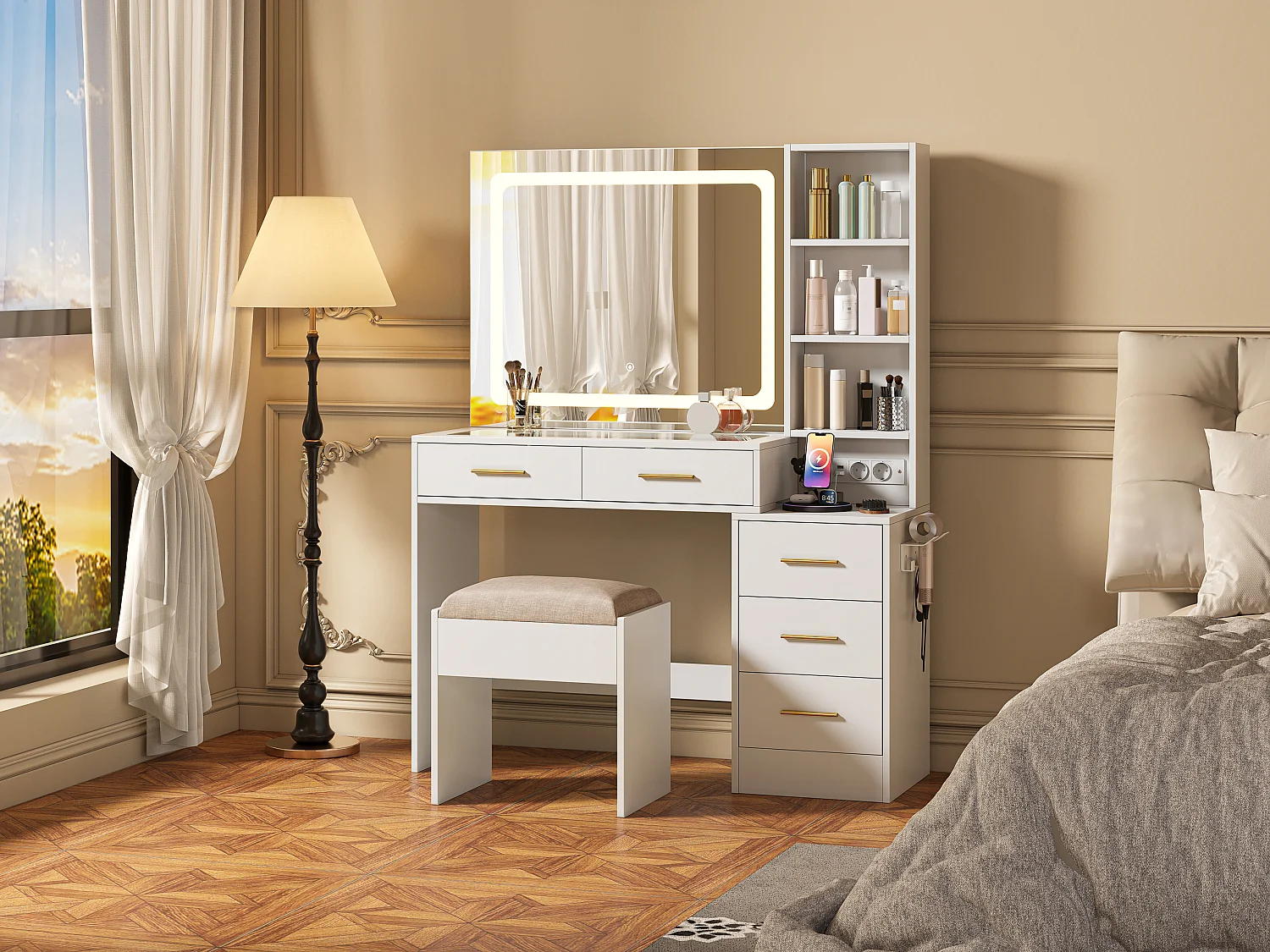 Kaptafel met spiegel en krukje – 5 lades en 3 planken – USB-poort en ledverlichting – Wit