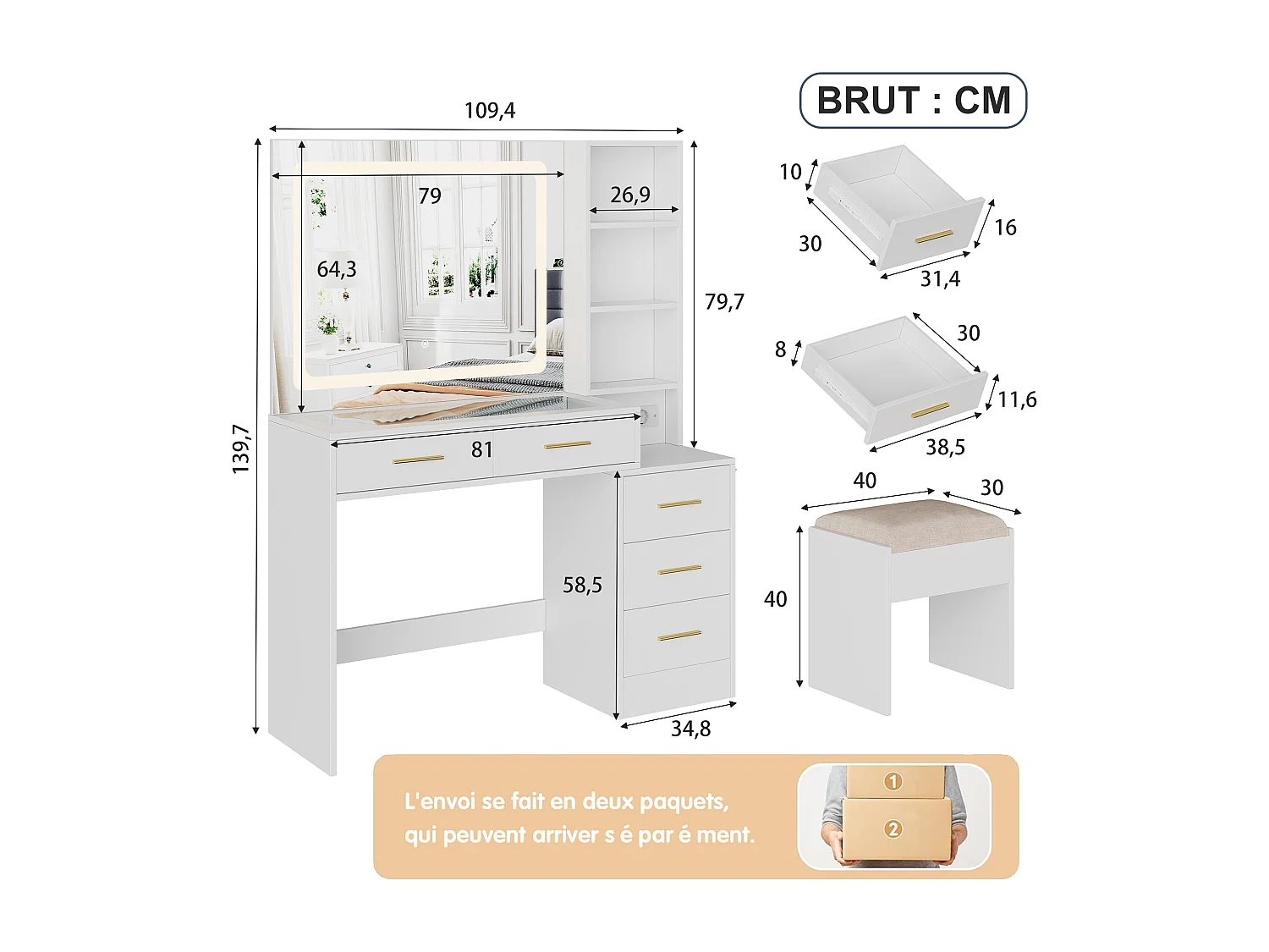Kaptafel met spiegel en krukje – 5 lades en 3 planken – USB-poort en ledverlichting – Wit