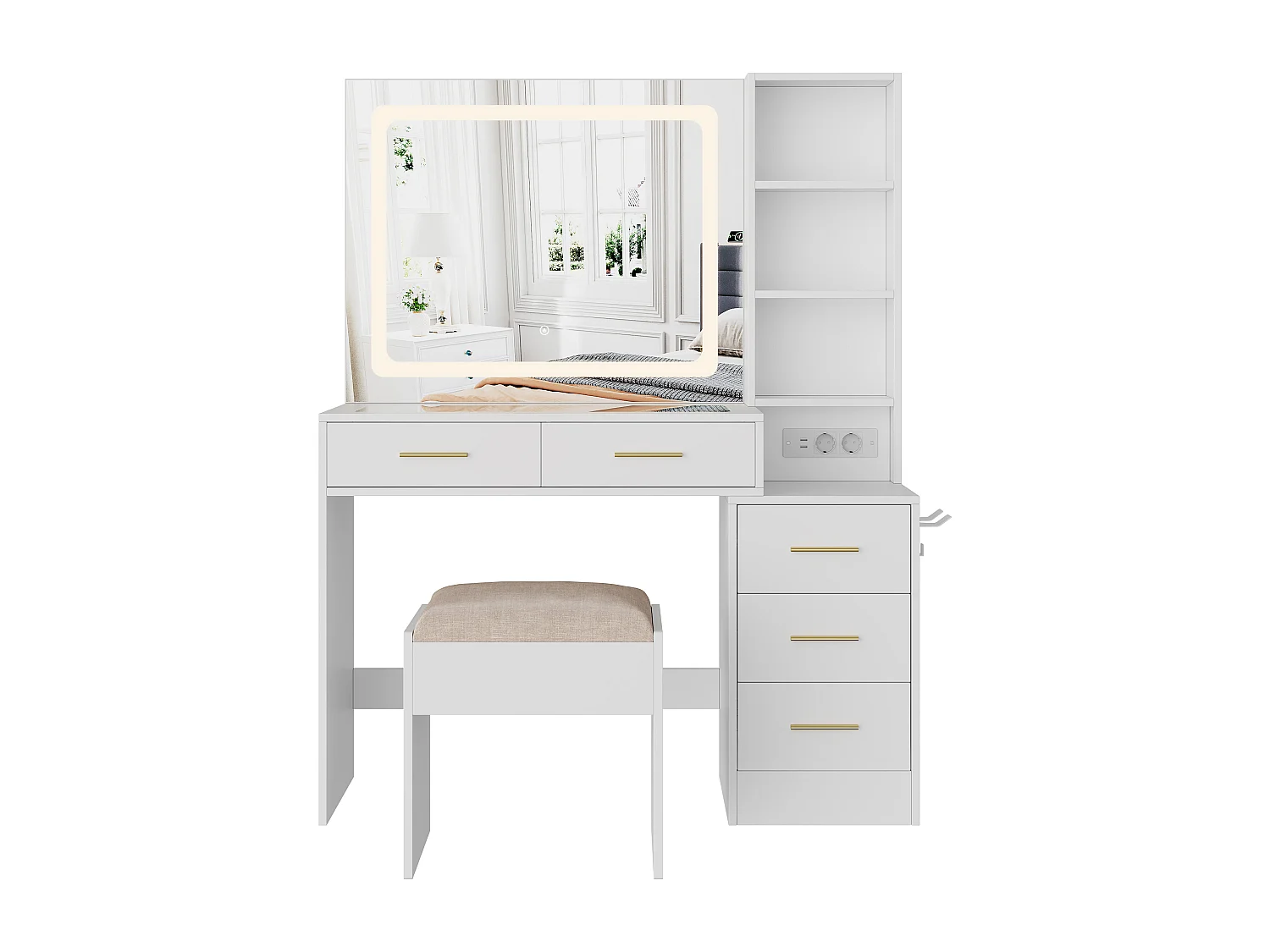 Kaptafel met spiegel en krukje – 5 lades en 3 planken – USB-poort en ledverlichting – Wit