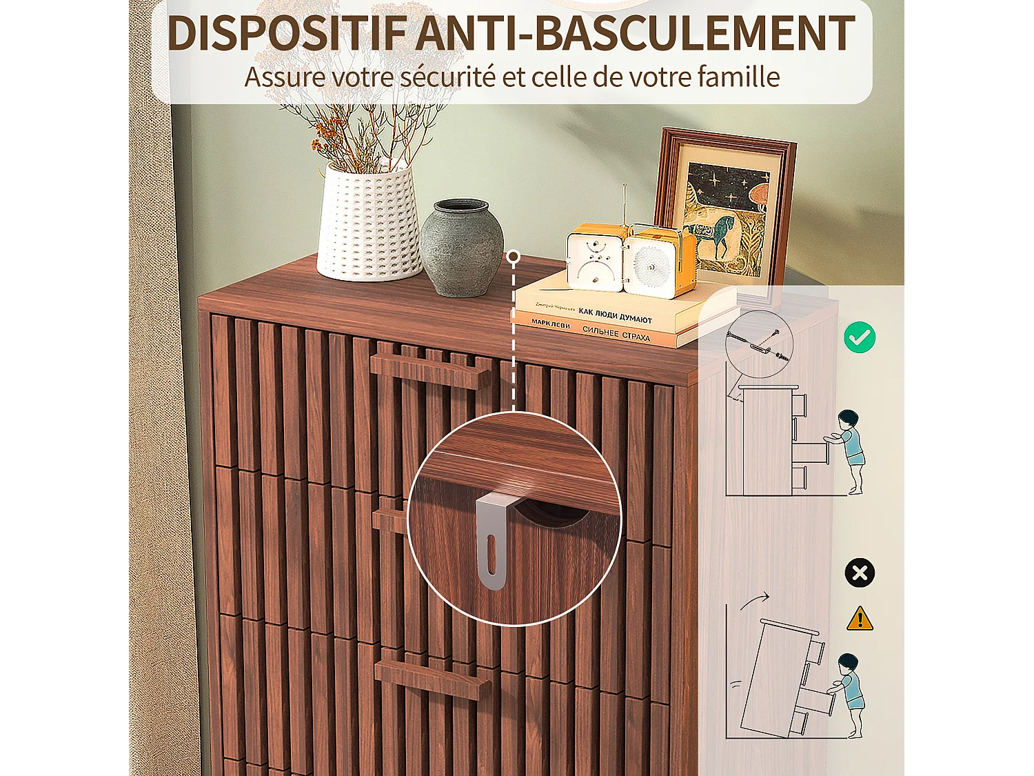 Cómoda de madera y ratán con 4 cajones, tirador y patas de madera, estampado lineal, color marrón