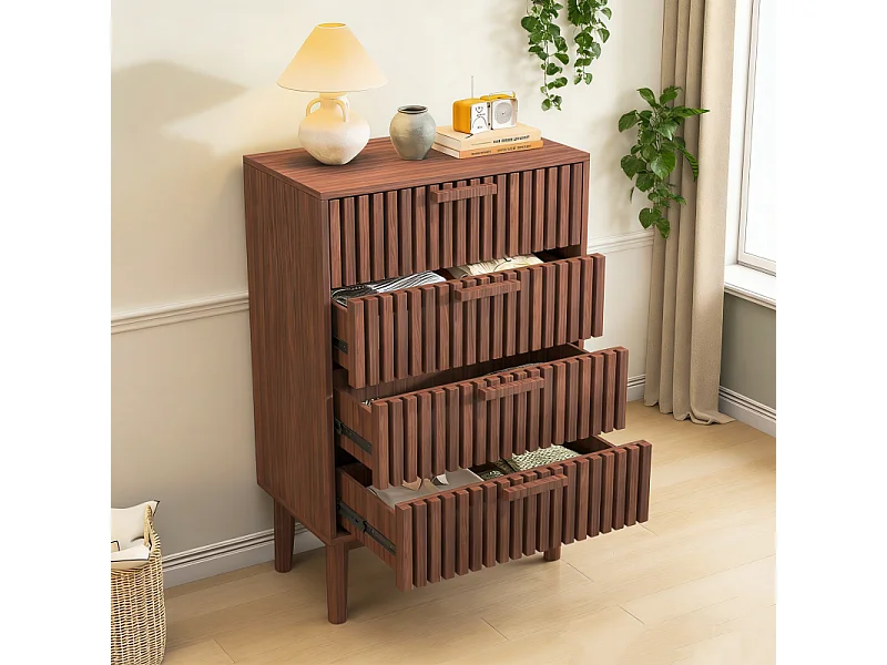 Cómoda de madera y ratán con 4 cajones, tirador y patas de madera, estampado lineal, color marrón