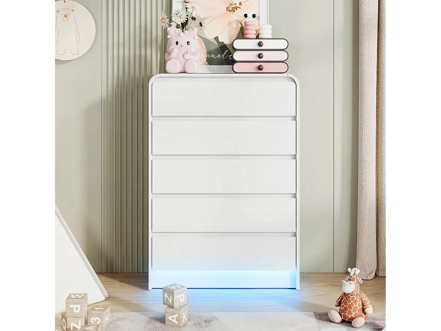 Commode à 5 tiroirs avec éclairage LED - Meuble de rangement - Convient pour le salon et la chambre - 73 x 40 x 110 cm