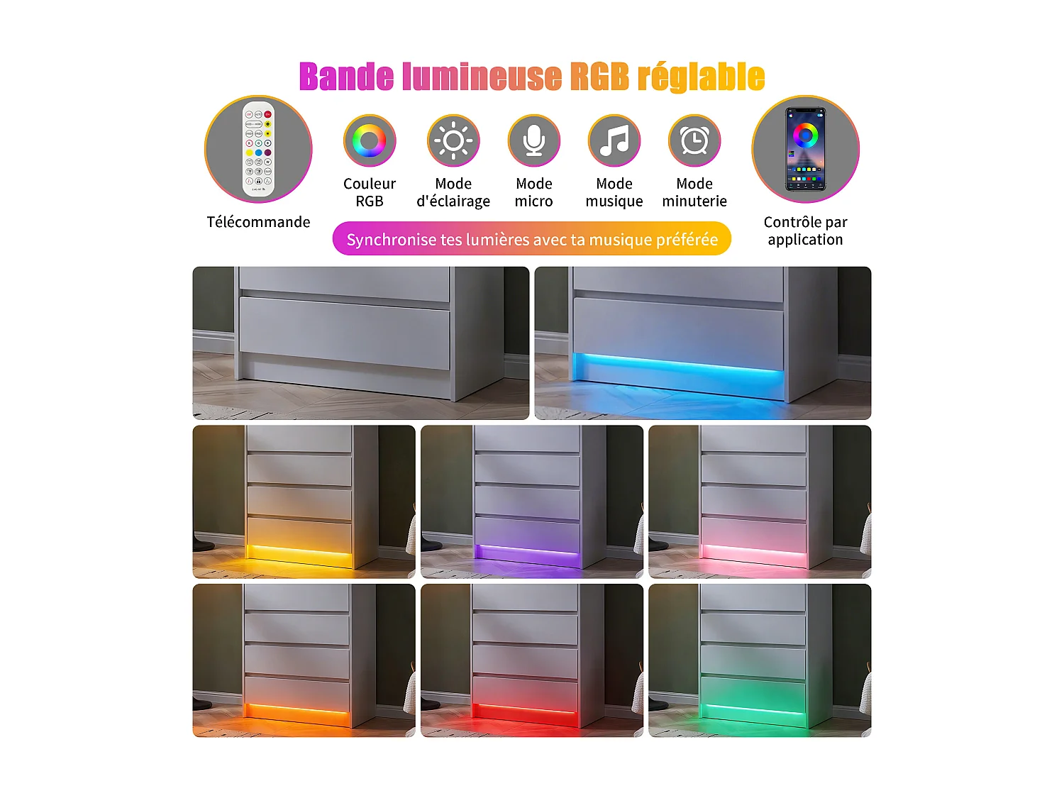 Commode à 5 tiroirs avec éclairage LED - Meuble de rangement - Convient pour le salon et la chambre - 73 x 40 x 110 cm