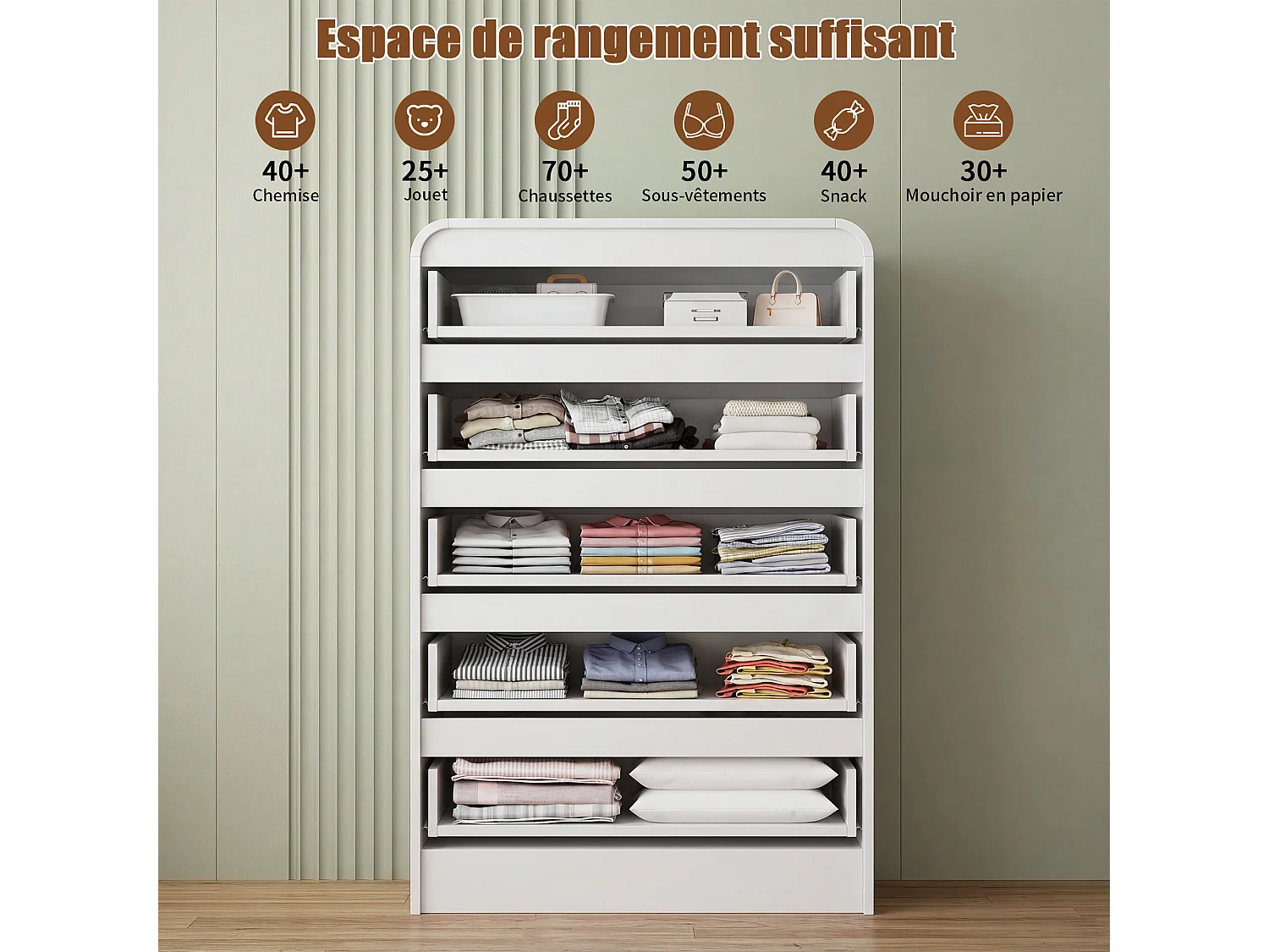 Commode à 5 tiroirs avec éclairage LED - Meuble de rangement - Convient pour le salon et la chambre - 73 x 40 x 110 cm