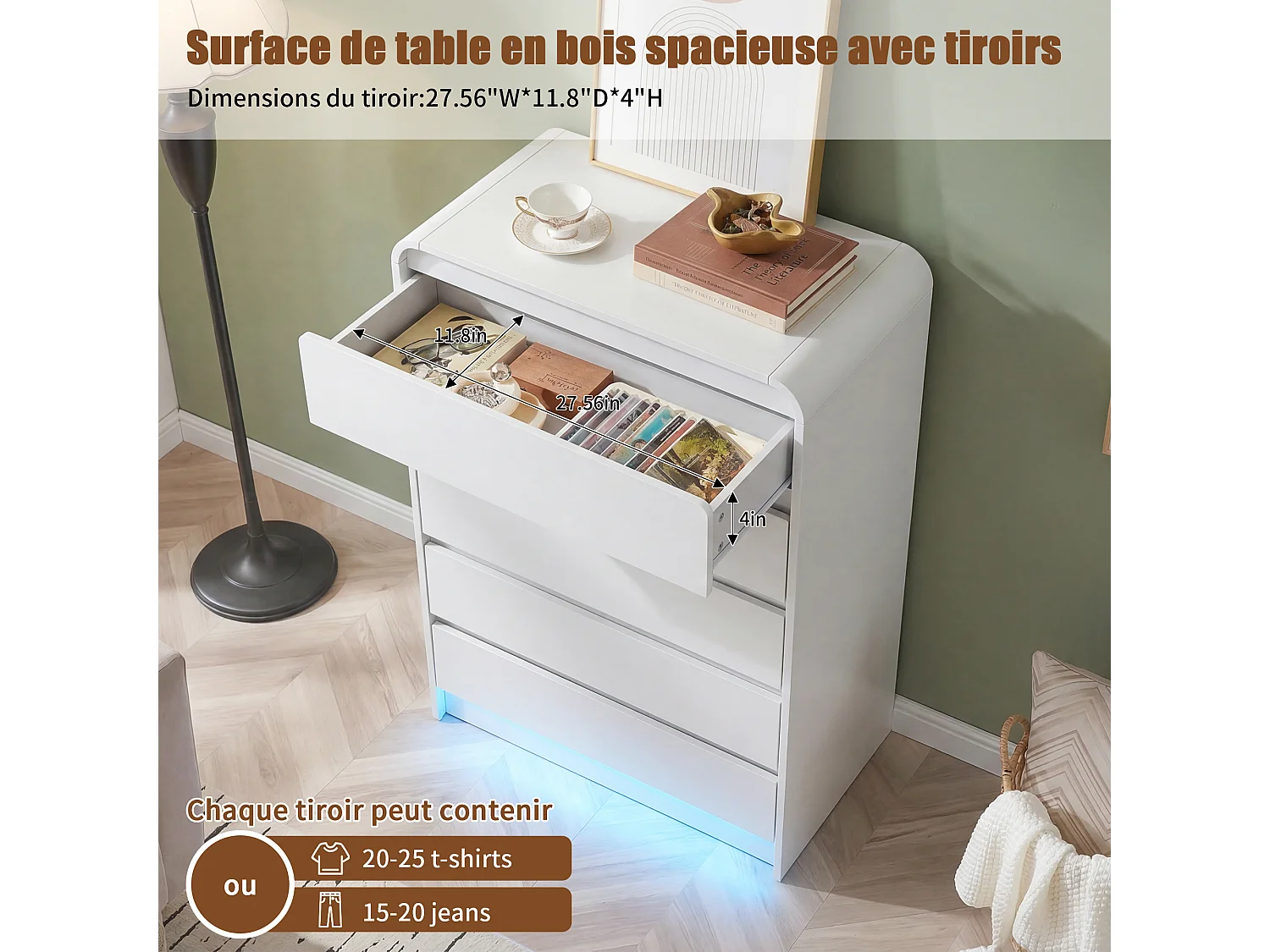 Commode à 5 tiroirs avec éclairage LED - Meuble de rangement - Convient pour le salon et la chambre - 73 x 40 x 110 cm