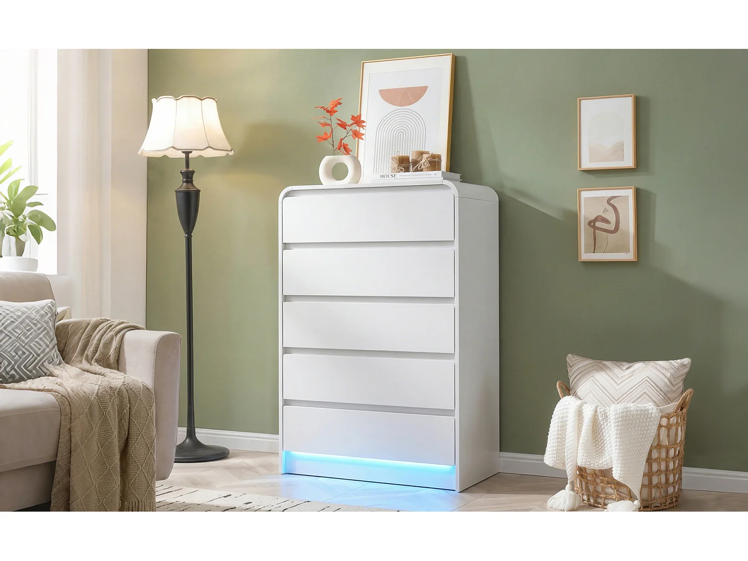 Commode à 5 tiroirs avec éclairage LED - Meuble de rangement - Convient pour le salon et la chambre - 73 x 40 x 110 cm