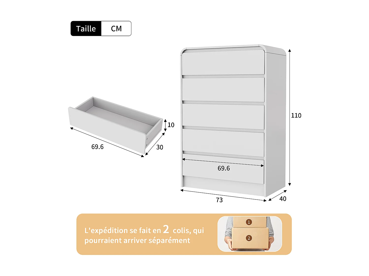 Commode à 5 tiroirs avec éclairage LED - Meuble de rangement - Convient pour le salon et la chambre - 73 x 40 x 110 cm