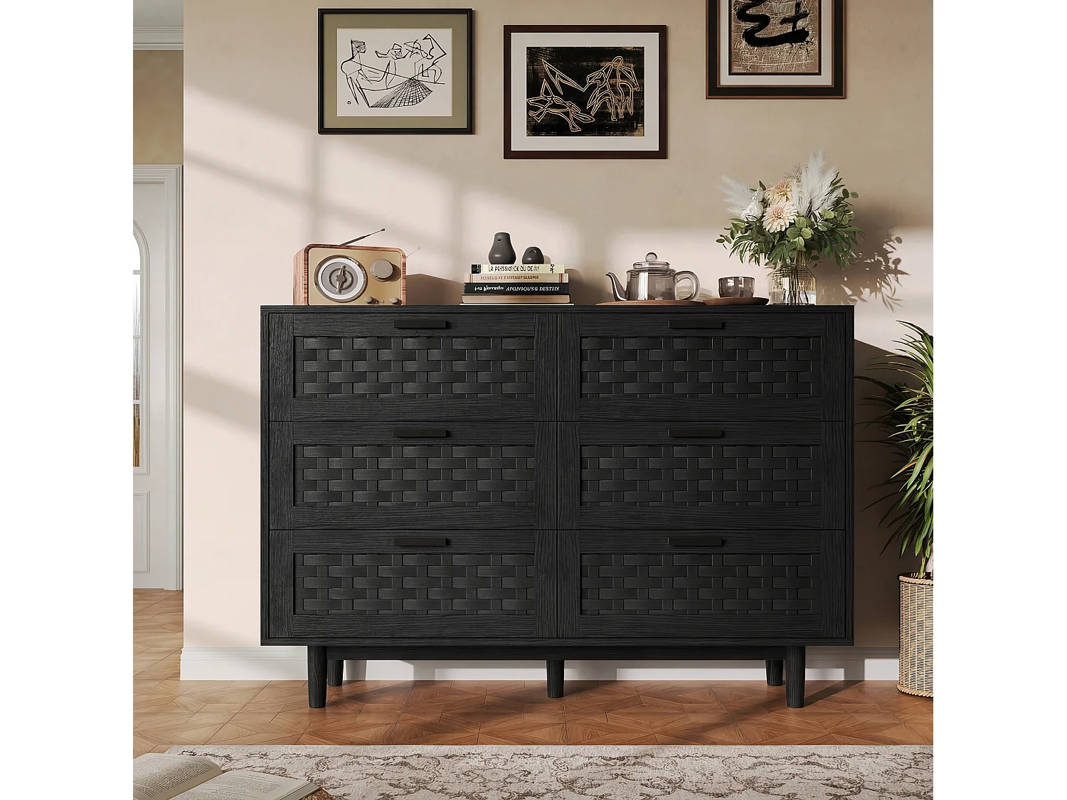 Cómoda de 6 cajones - Aparador de madera - 115 x 40 x 80 cm - Ideal para dormitorios y salones - Color negro