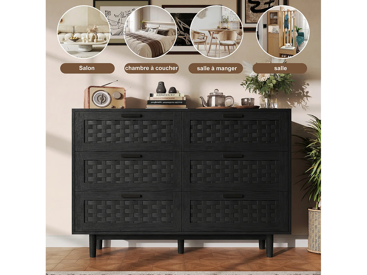 Cómoda de 6 cajones - Aparador de madera - 115 x 40 x 80 cm - Ideal para dormitorios y salones - Color negro