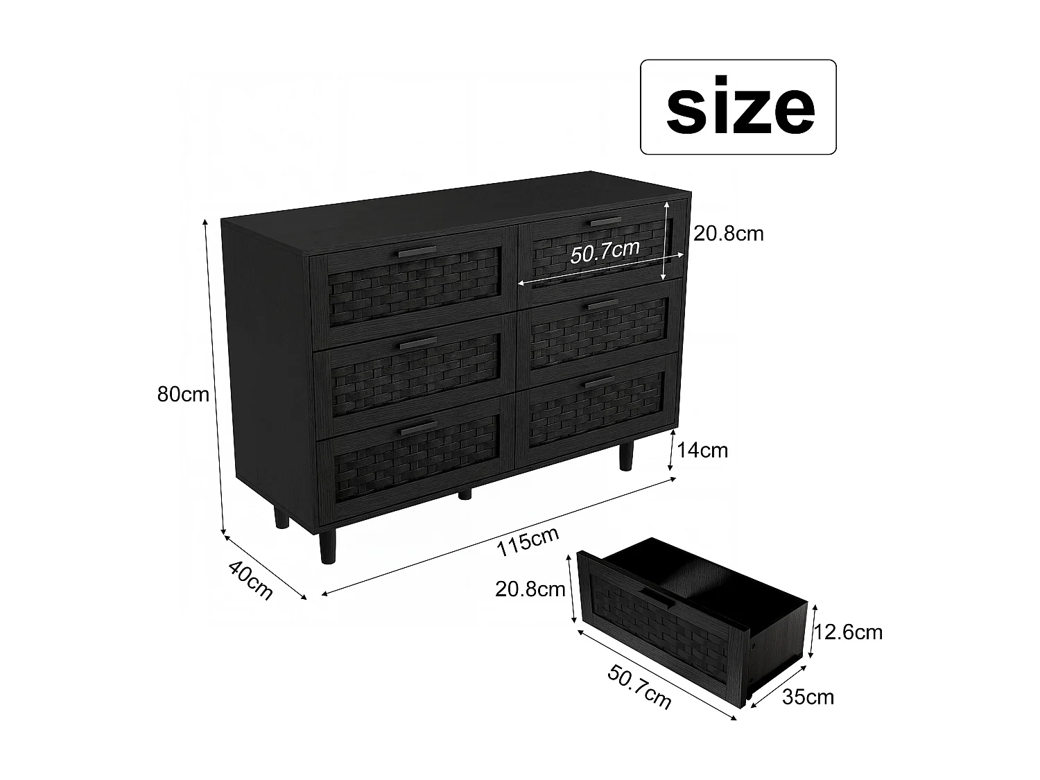 Cómoda de 6 cajones - Aparador de madera - 115 x 40 x 80 cm - Ideal para dormitorios y salones - Color negro