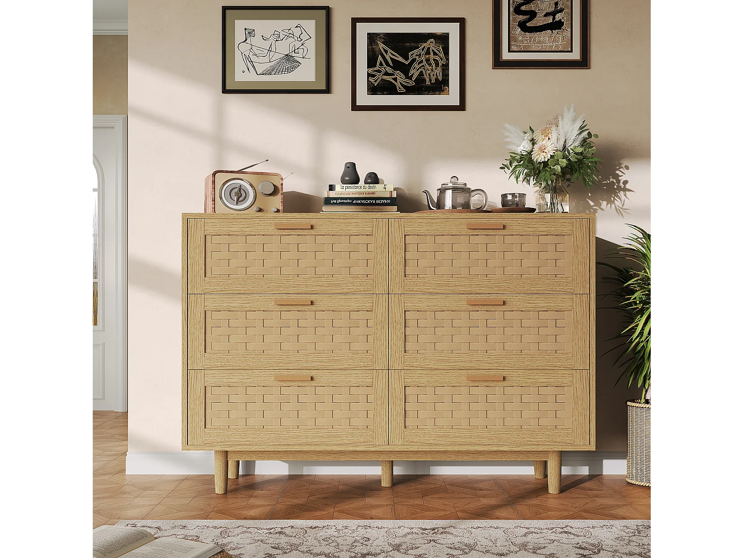 Cómoda de 6 cajones - Aparador de madera - 115 x 40 x 80 cm - Ideal para dormitorios y salones - Roble