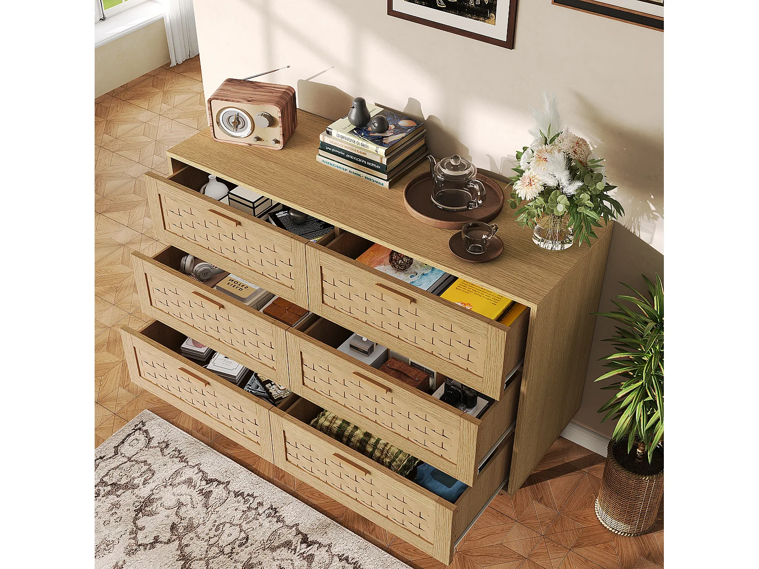 Cómoda de 6 cajones - Aparador de madera - 115 x 40 x 80 cm - Ideal para dormitorios y salones - Roble