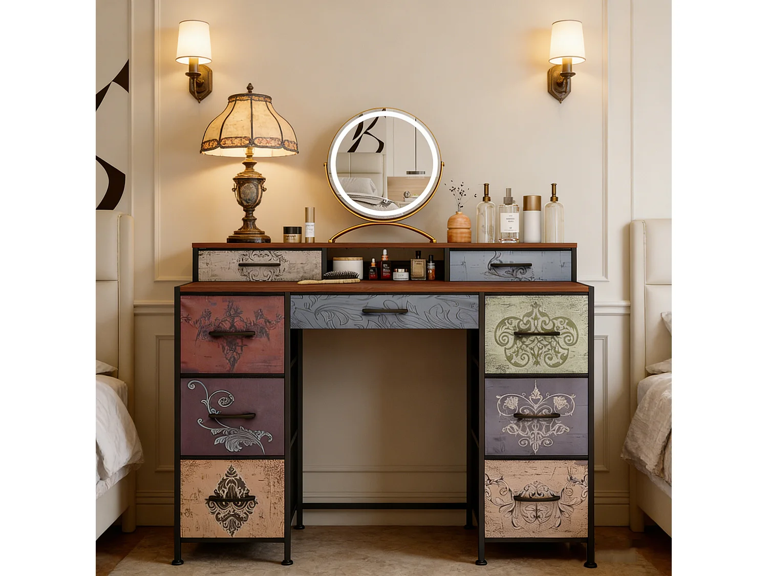 Coiffeuse pour Chambre à Coucher Vintage à Fleurs - 9 Tiroirs et 2 Étagères Ouvertes, Armoire de Rangement en Tissu