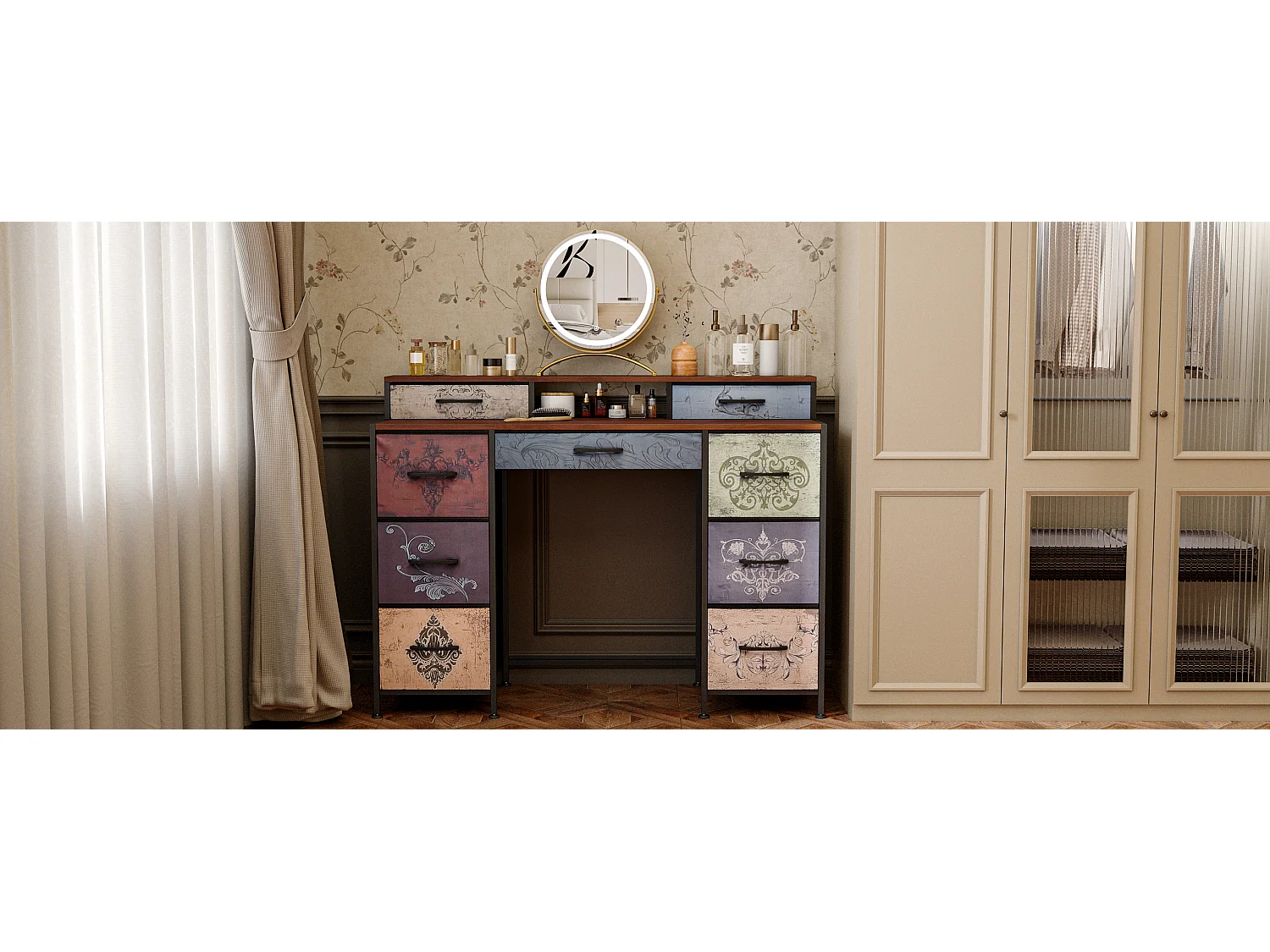 Coiffeuse pour Chambre à Coucher Vintage à Fleurs - 9 Tiroirs et 2 Étagères Ouvertes, Armoire de Rangement en Tissu