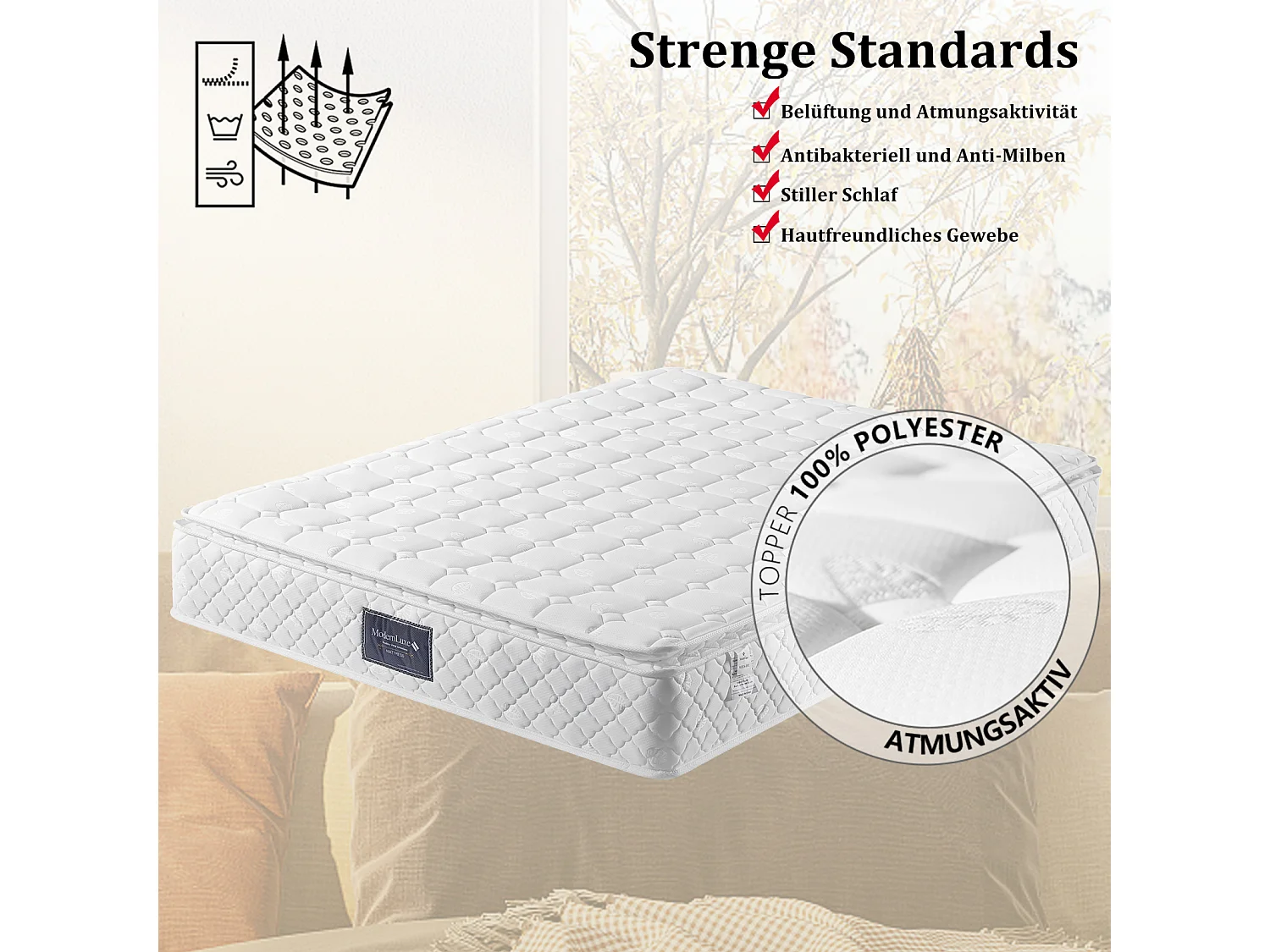 Pocketveringmatras van 160 x 200 cm, 25 cm hoog, hardheidsgraad H3, ergonomische 7-zone pocketveringmatras, wit