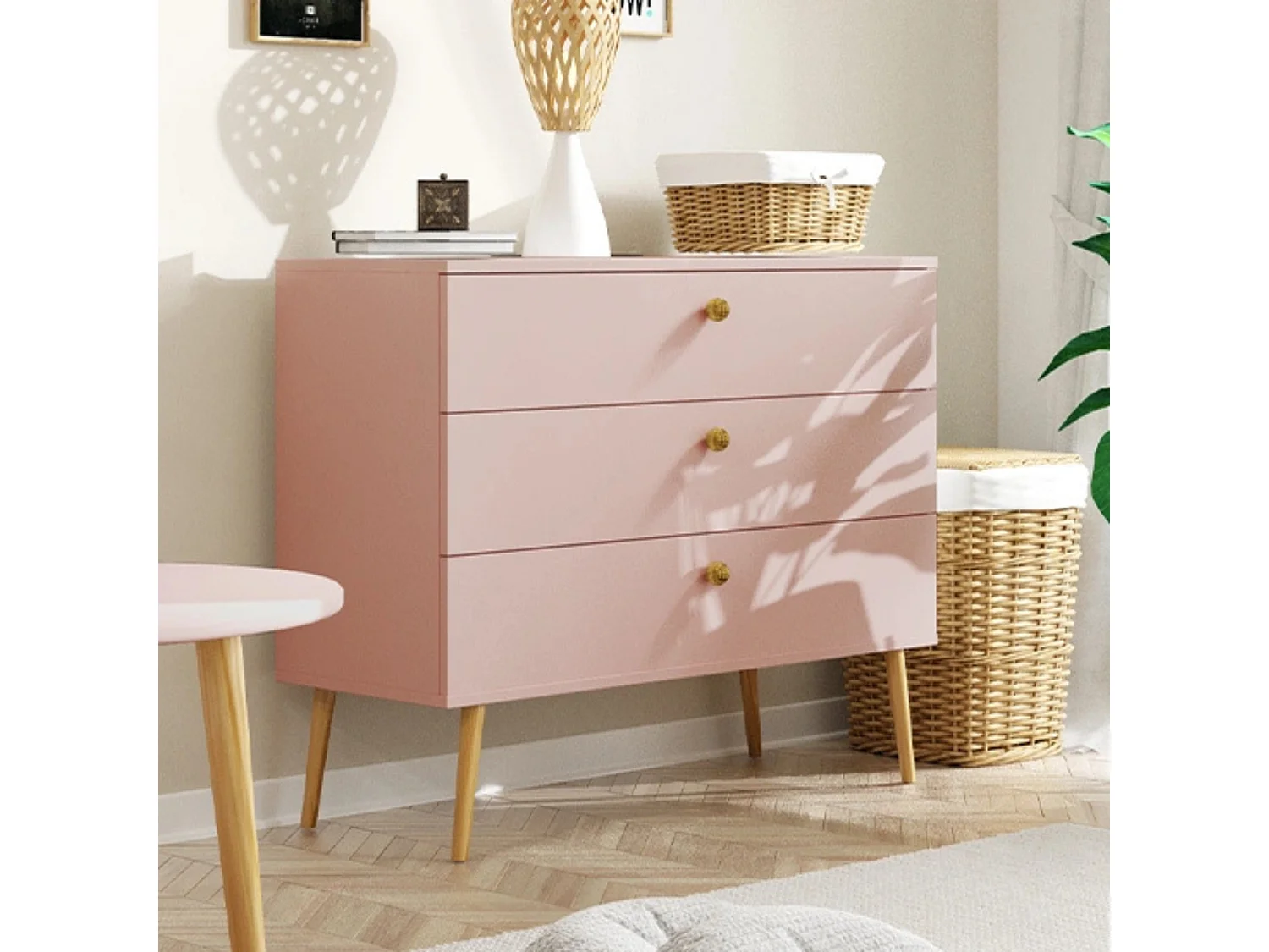 Kommode NATURA, 100 cm, Rosa, mit 3 Schubladen