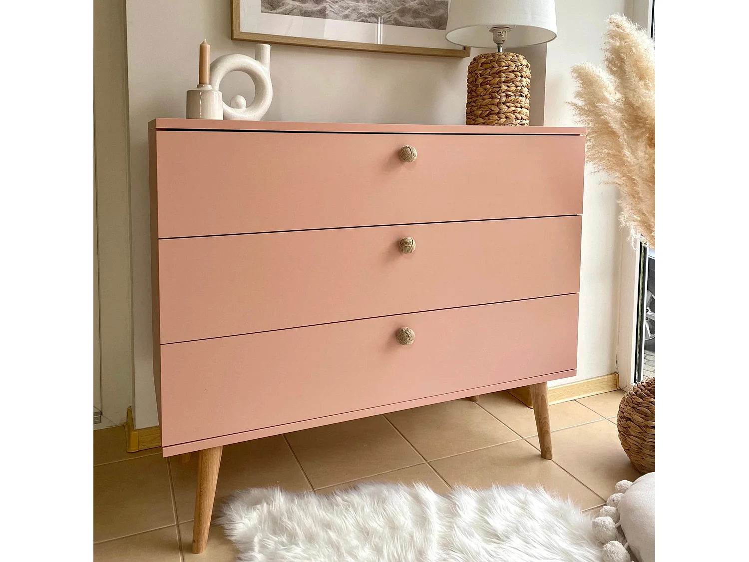 Kommode NATURA, 100 cm, Rosa, mit 3 Schubladen