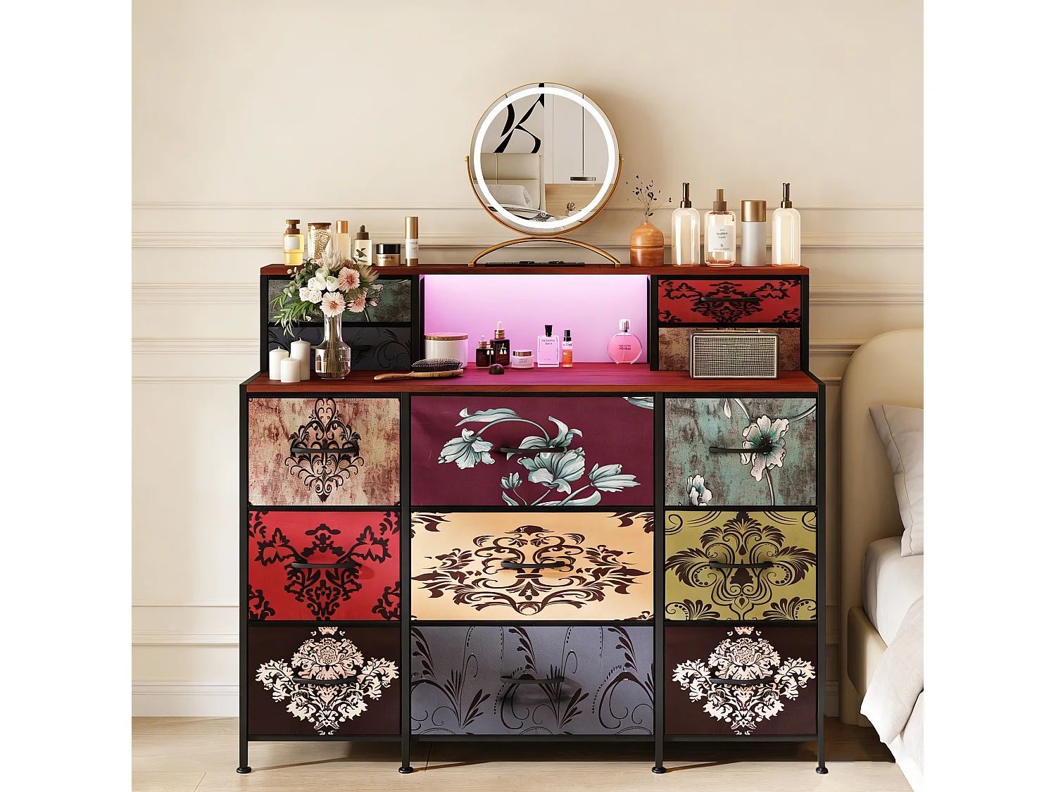 Coiffeuse pour Chambre à Coucher Vintage à Fleurs - 13 Tiroirs et 2 Étagères Ouvertes, LED et USB, Armoire de Rangement en Tissu