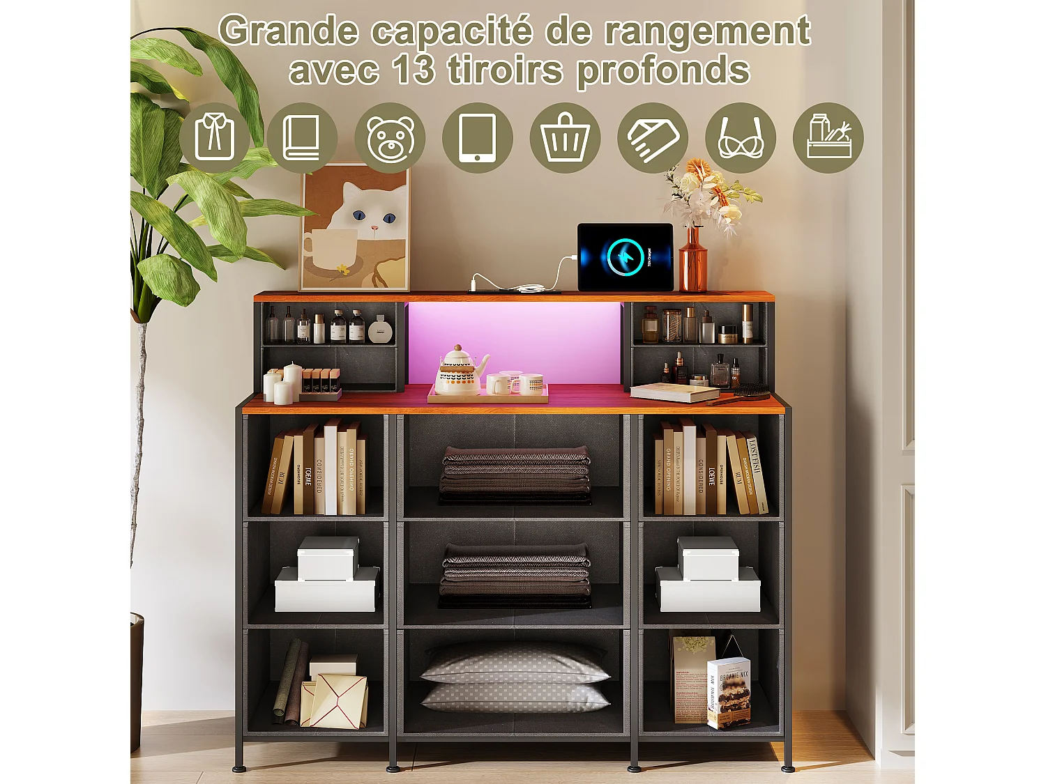 Coiffeuse pour Chambre à Coucher Vintage à Fleurs - 13 Tiroirs et 2 Étagères Ouvertes, LED et USB, Armoire de Rangement en Tissu