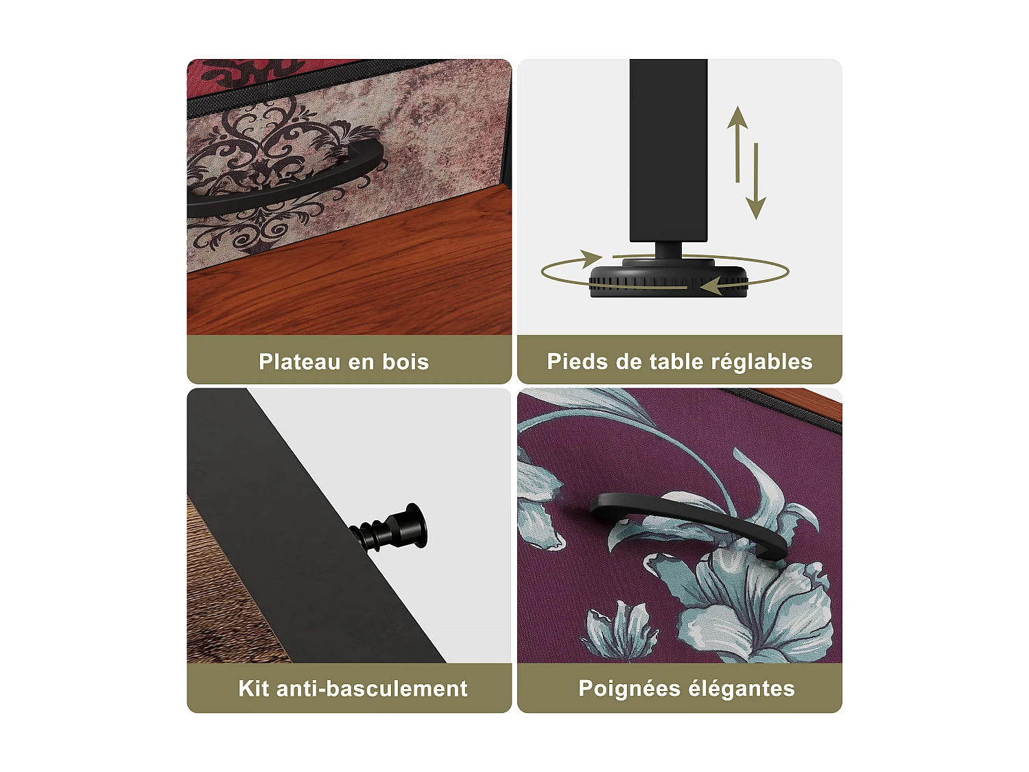 Coiffeuse pour Chambre à Coucher Vintage à Fleurs - 13 Tiroirs et 2 Étagères Ouvertes, LED et USB, Armoire de Rangement en Tissu