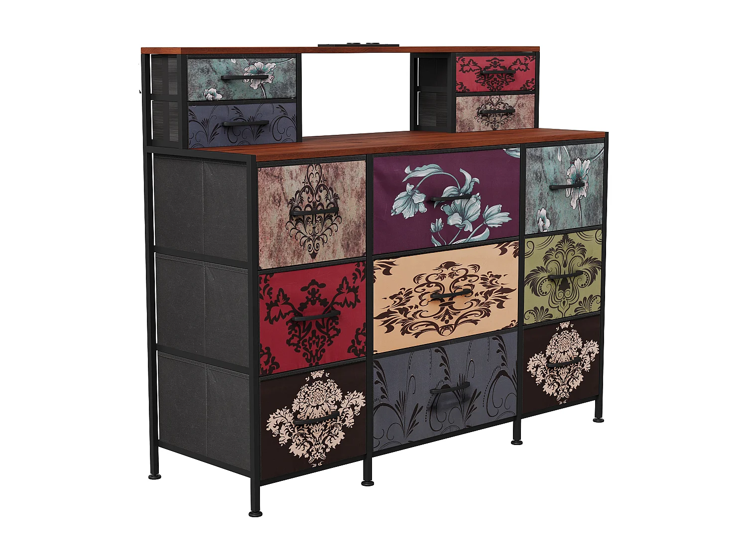 Coiffeuse pour Chambre à Coucher Vintage à Fleurs - 13 Tiroirs et 2 Étagères Ouvertes, LED et USB, Armoire de Rangement en Tissu