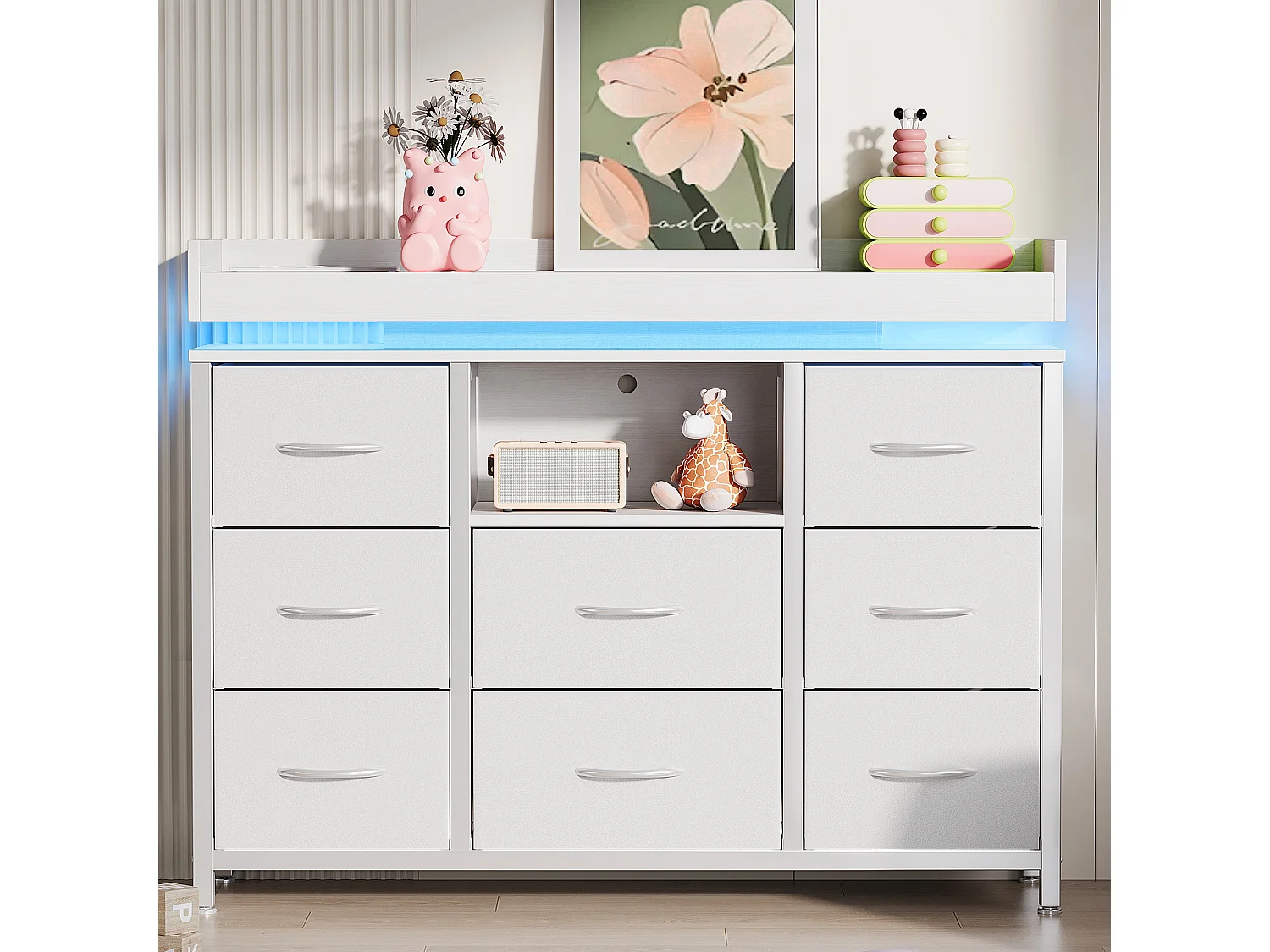 Commode 8 tiroirs - avec éclairage LED et port USB - structure en métal - 108 x 30 x 82 cm - blanc