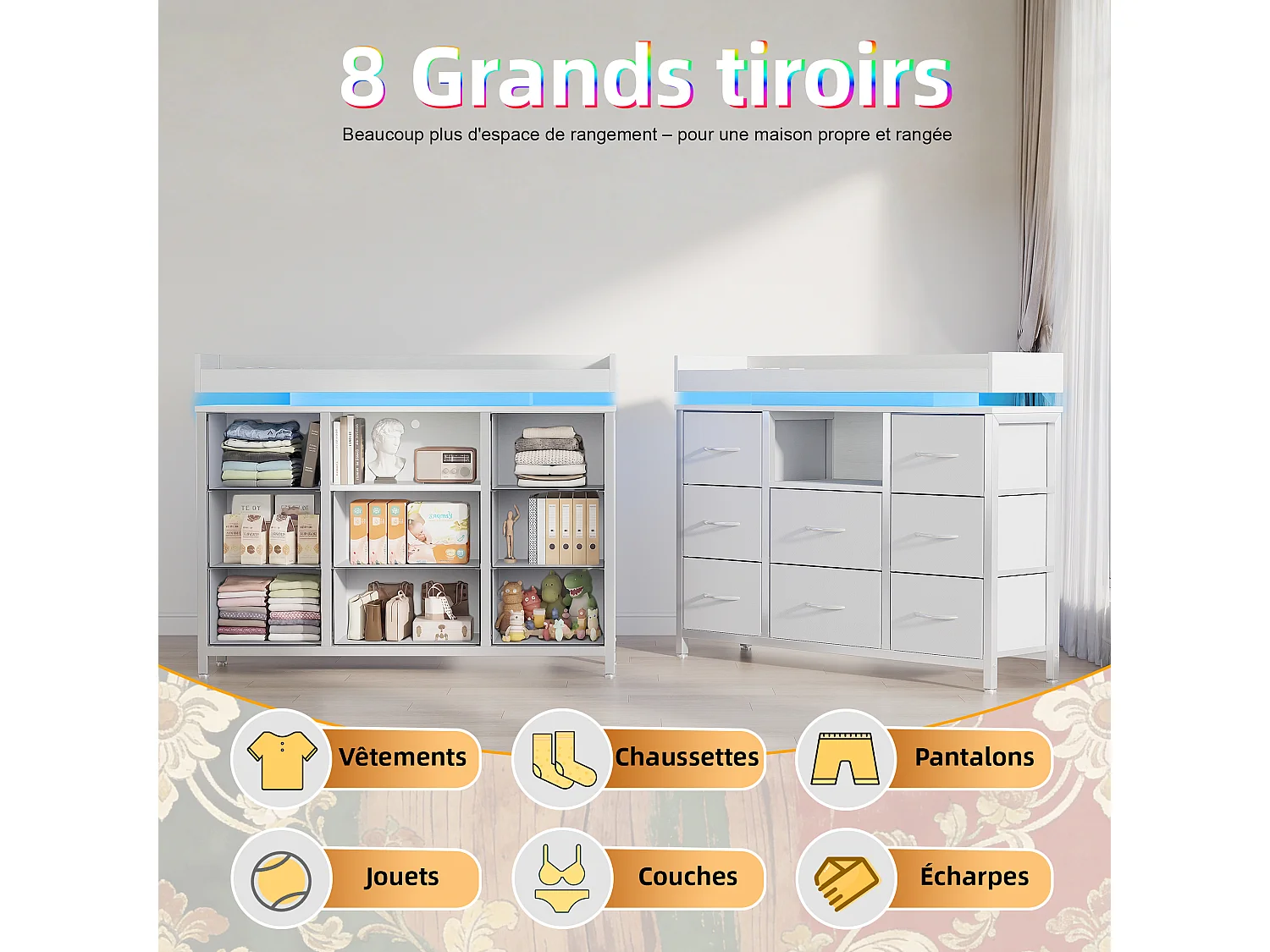 Commode 8 tiroirs - avec éclairage LED et port USB - structure en métal - 108 x 30 x 82 cm - blanc