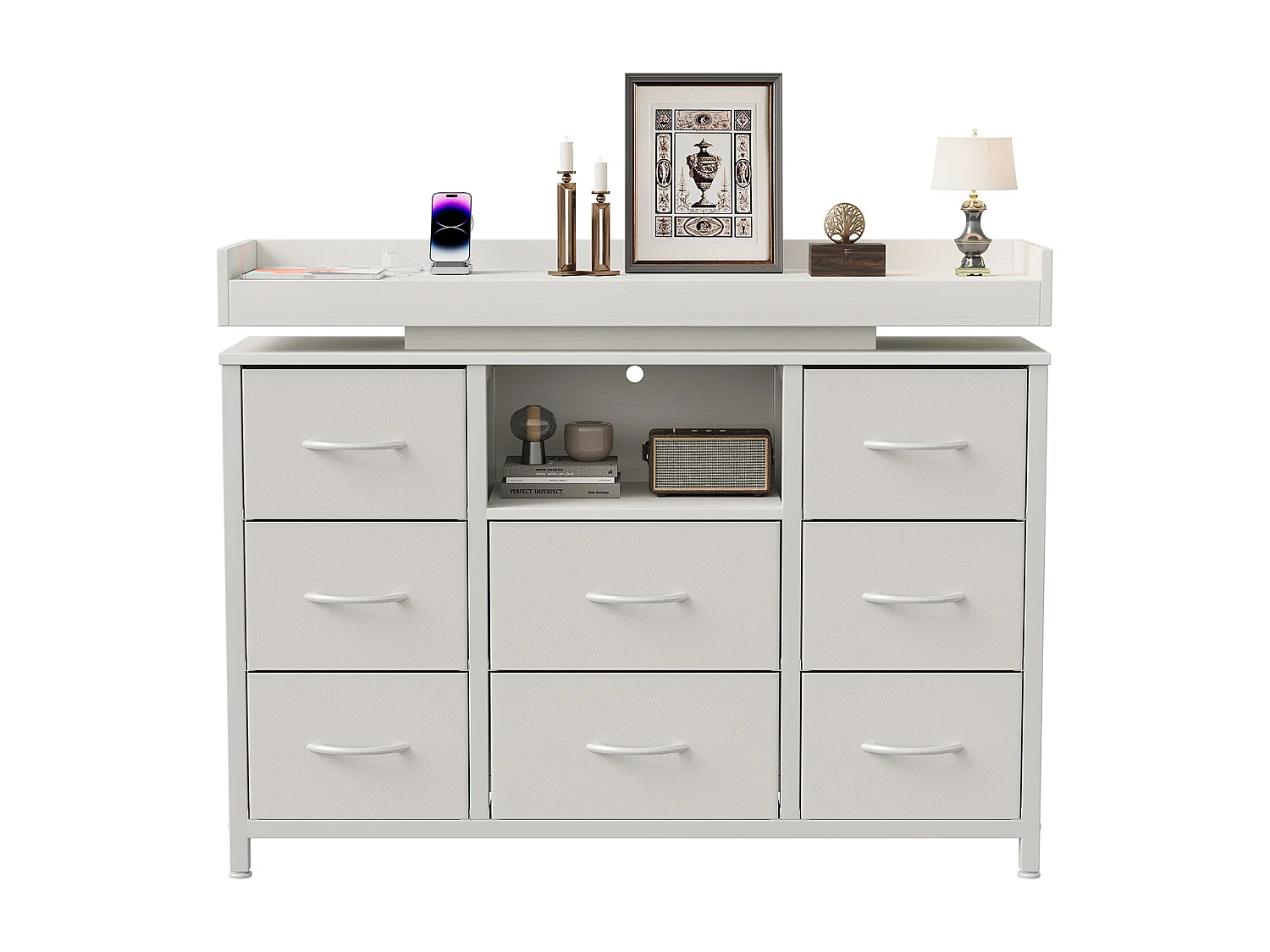 Commode 8 tiroirs - avec éclairage LED et port USB - structure en métal - 108 x 30 x 82 cm - blanc