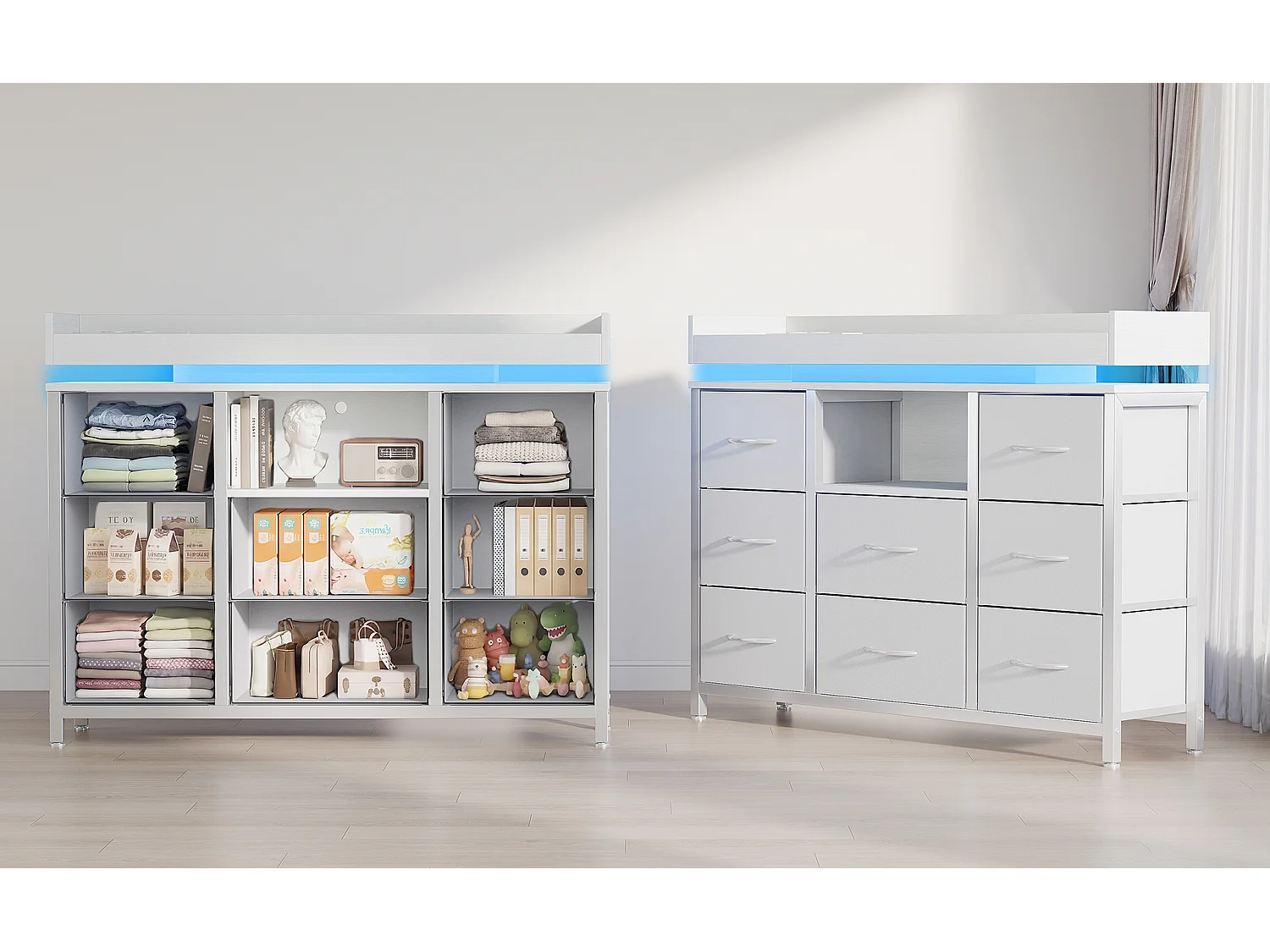 Commode 8 tiroirs - avec éclairage LED et port USB - structure en métal - 108 x 30 x 82 cm - blanc