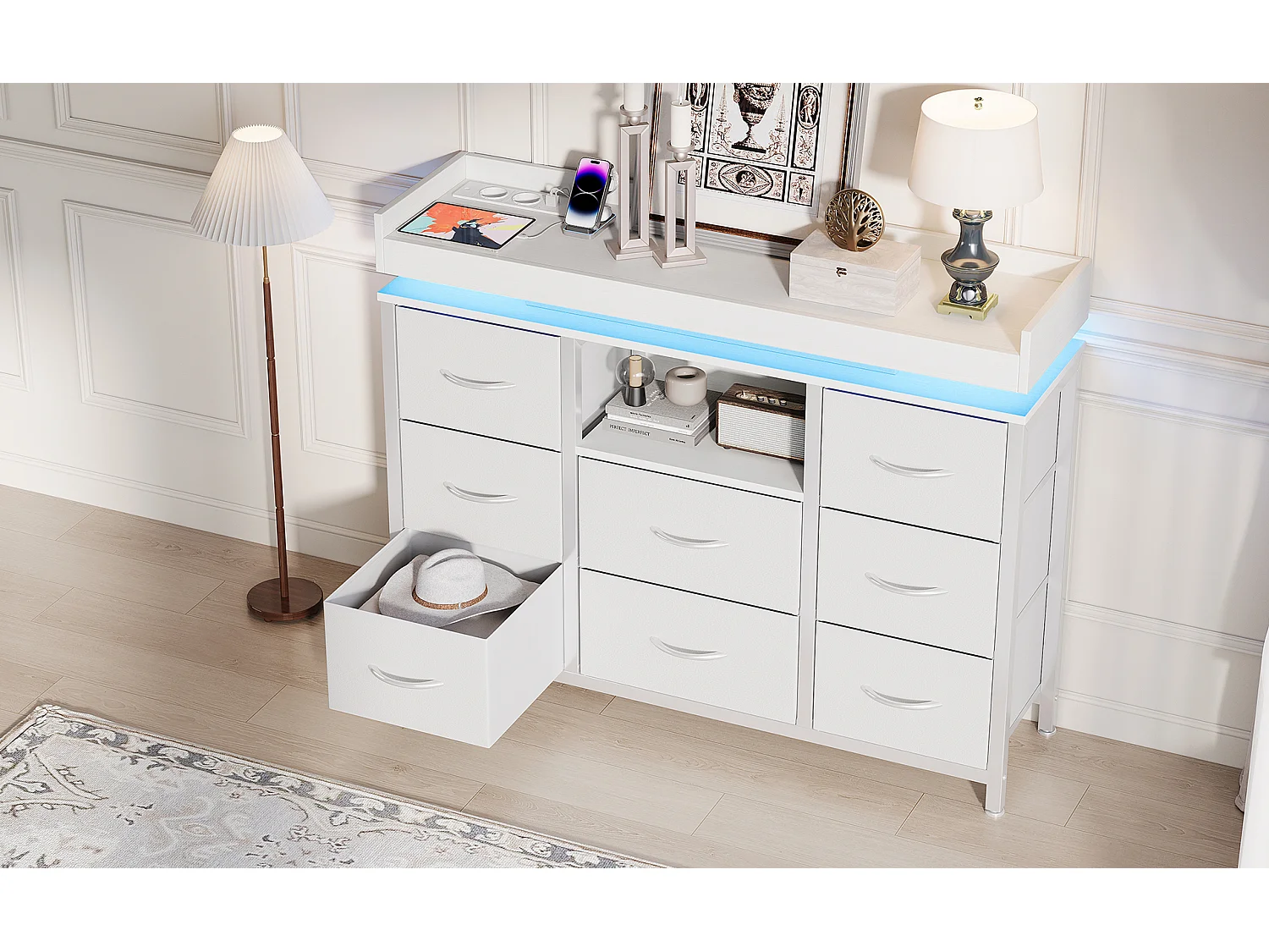 Commode 8 tiroirs - avec éclairage LED et port USB - structure en métal - 108 x 30 x 82 cm - blanc