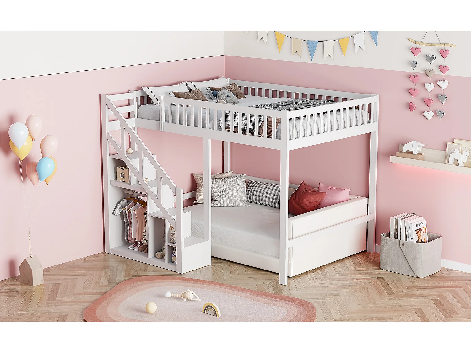 Litera infantil de 90x200 cm con escaleras y espacio de almacenamiento, con sistema anticaídas. Colchón no incluido