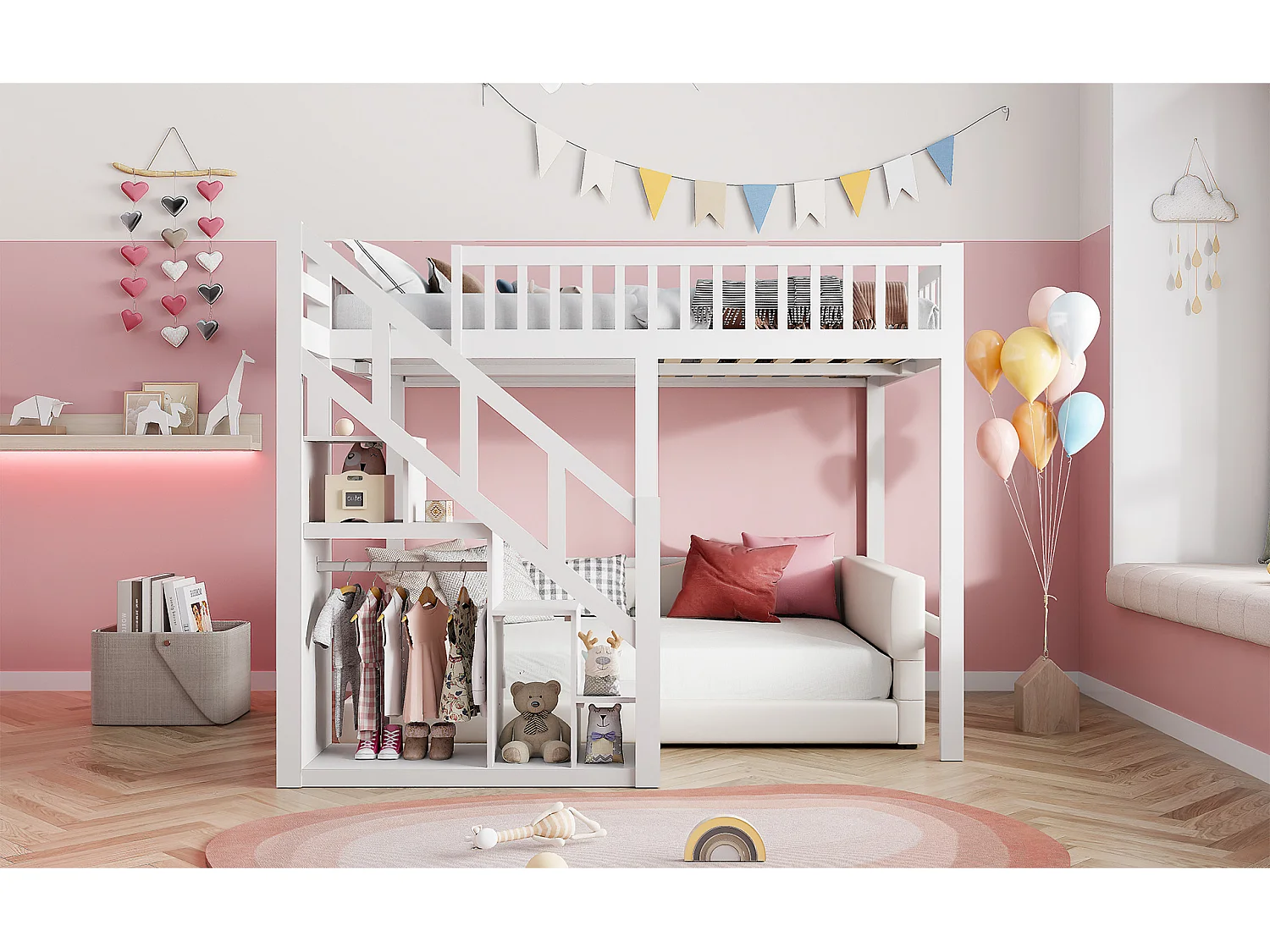 Litera infantil de 90x200 cm con escaleras y espacio de almacenamiento, con sistema anticaídas. Colchón no incluido