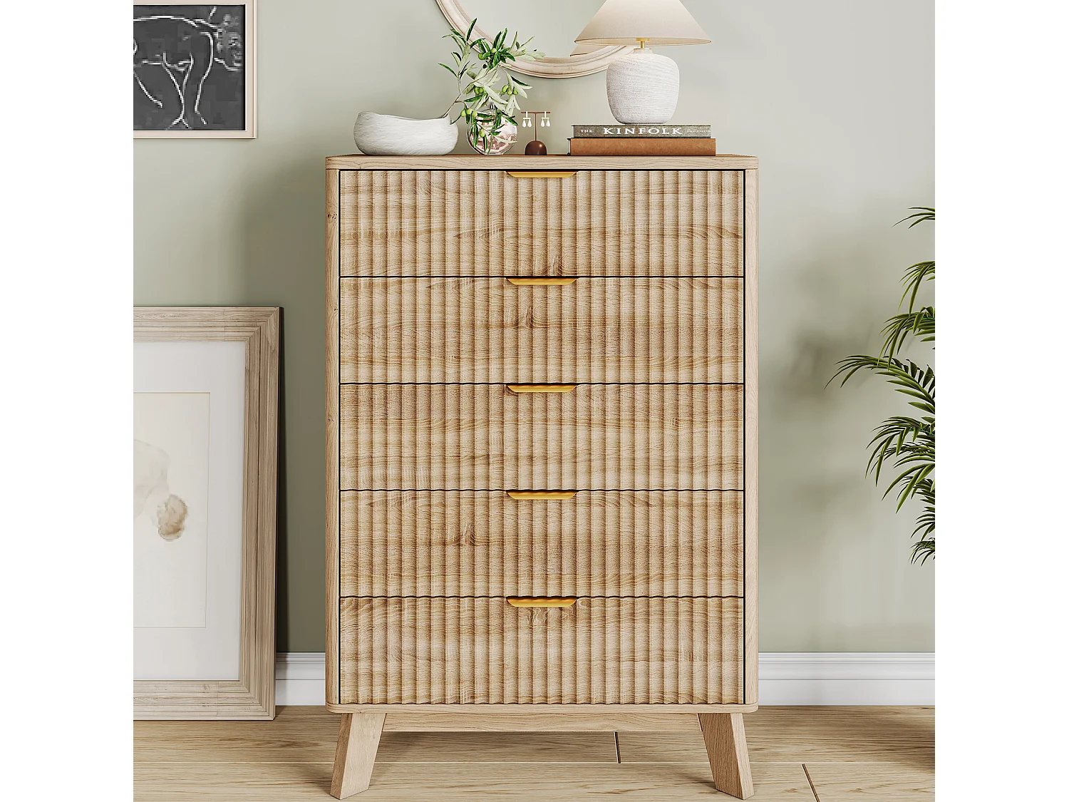 Commode à 5 tiroirs avec poignées dorées - buffet en bois - 73 x 40 x 108 cm