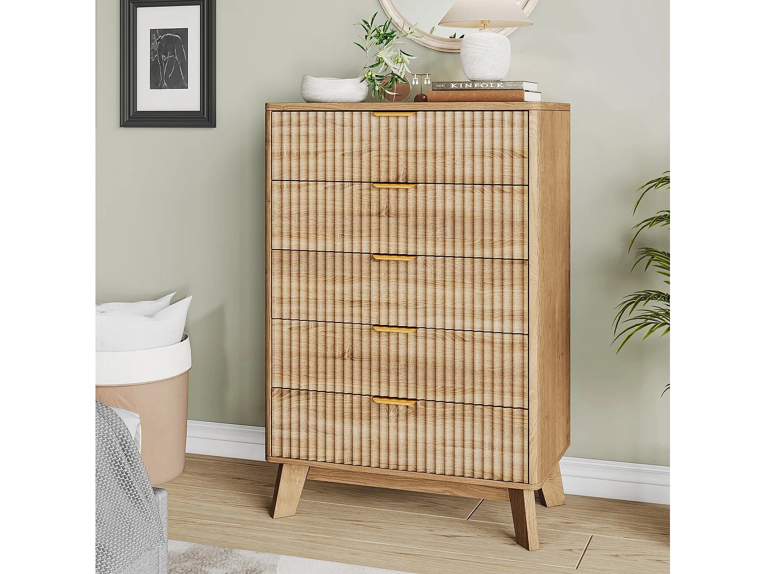 Commode à 5 tiroirs avec poignées dorées - buffet en bois - 73 x 40 x 108 cm