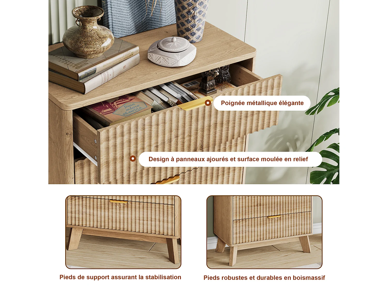 Commode à 5 tiroirs avec poignées dorées - buffet en bois - 73 x 40 x 108 cm